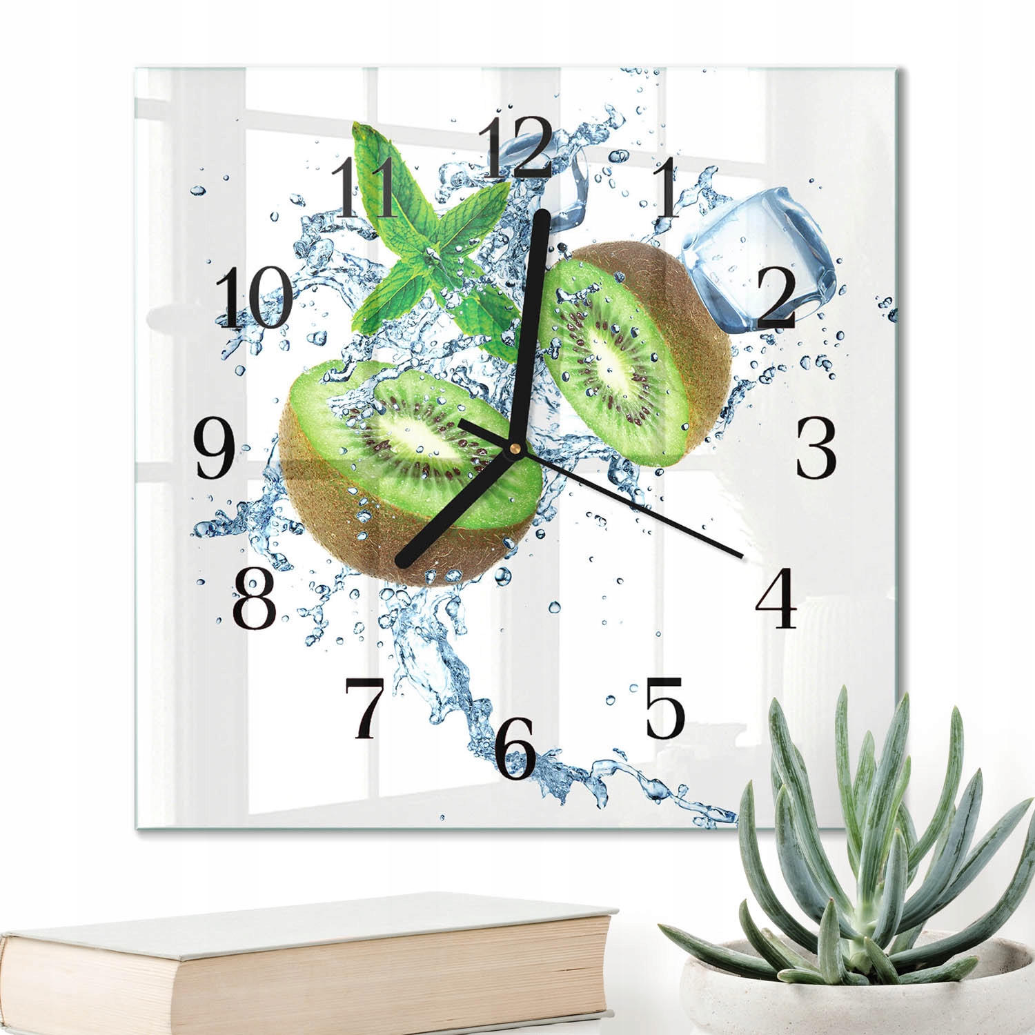 Elegantní čtvercové skleněné hodiny 30 x 30 cm na zeď s potiskem Kiwi