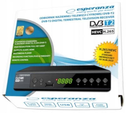 Dekoder TUNER TV naziemnej DVB-T2 H265 HEVC USB NOWY STANDARD HDMI FULL-HD Model EV111R