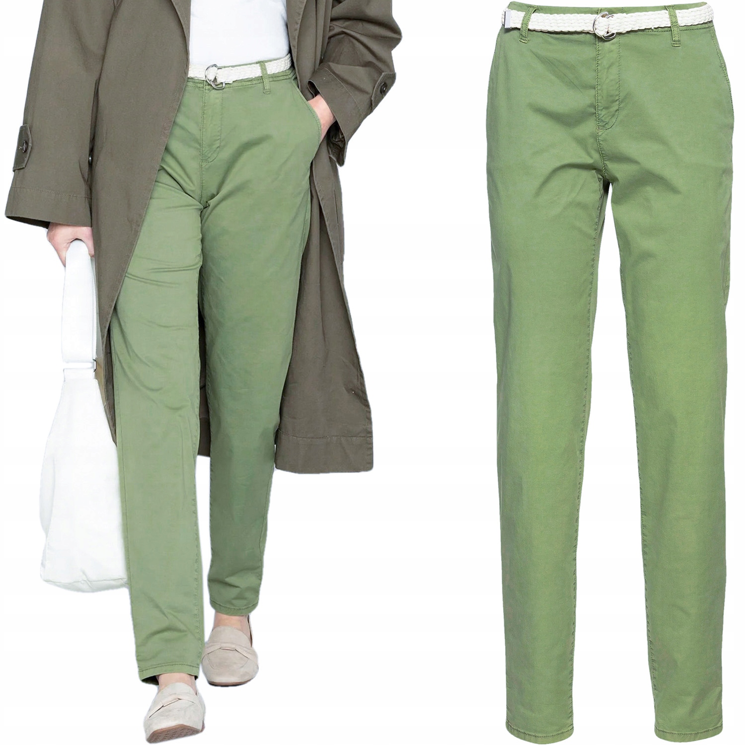 Esprit Lekkie Oliwkowe Spodnie Chinosy Bawełniane Regular XL 42