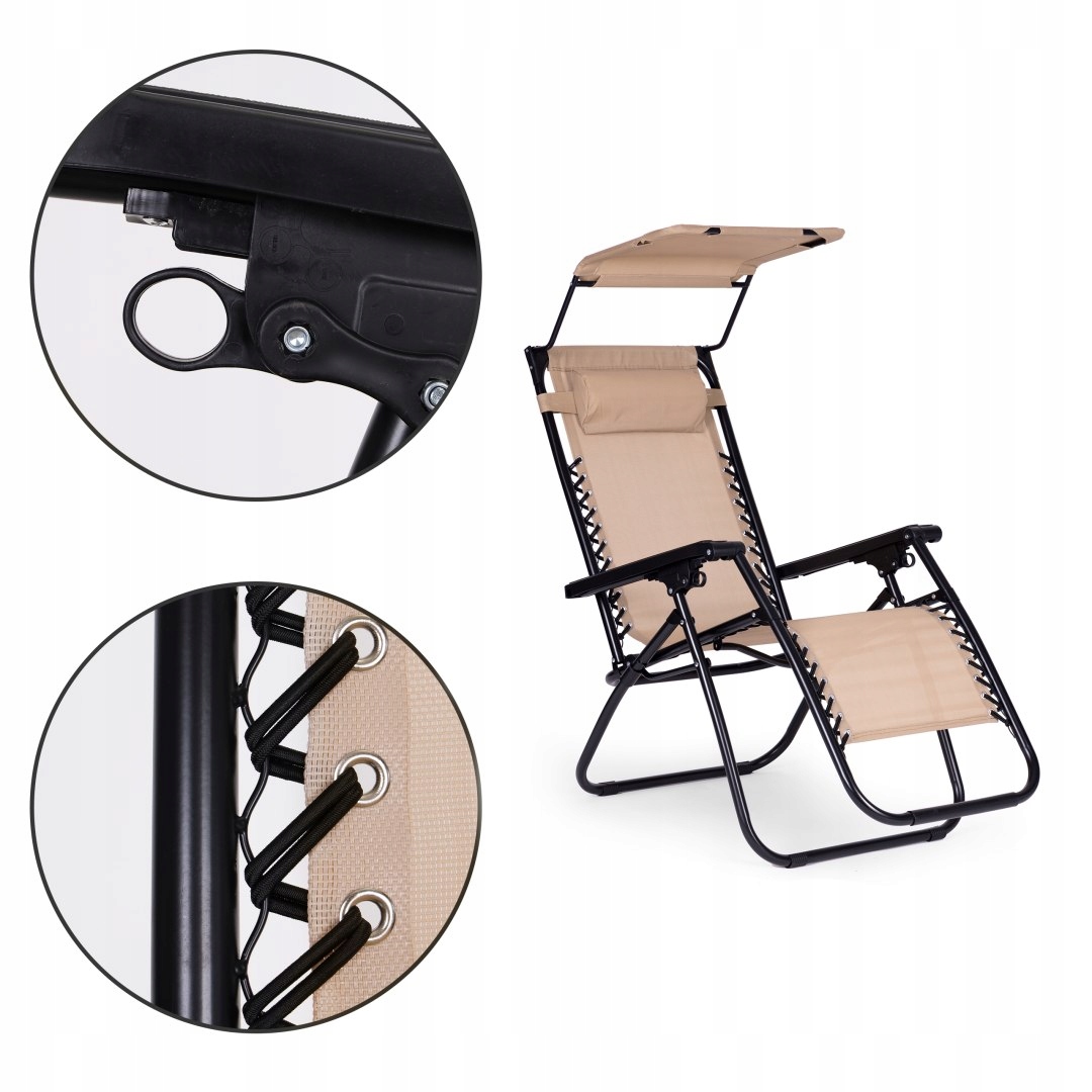 LEŻAK FOTEL OGRODOWY PLAŻOWY SKŁADANY KRZESŁO Z ZAGŁÓWKIEM DASZEK BEŻOWY Stan opakowania oryginalne