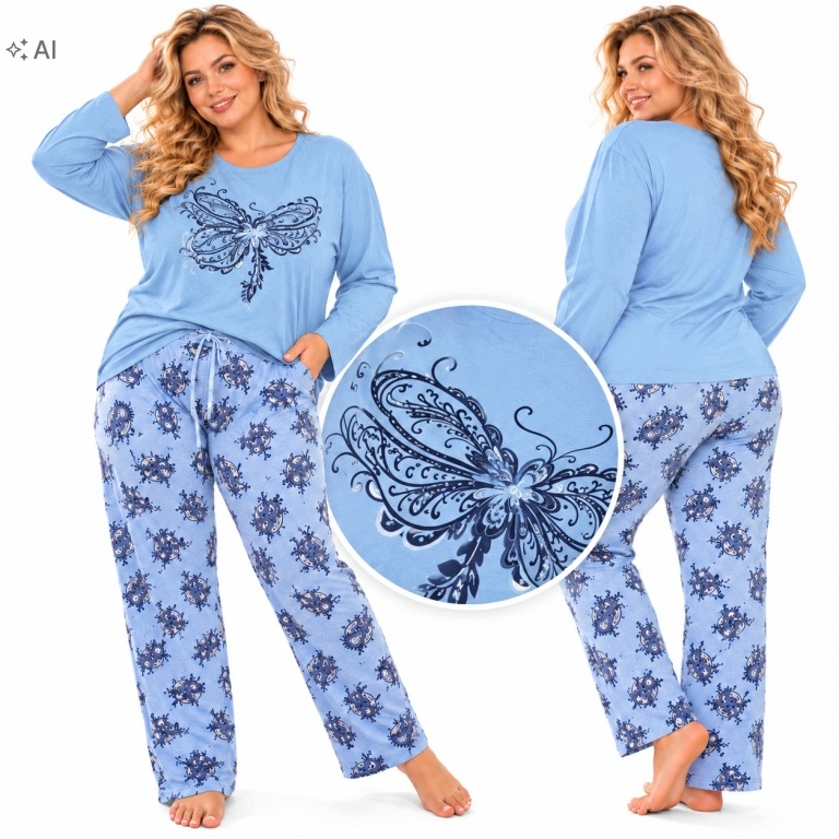 0181 Bavlněné dámské pyžamo s dlouhým rukávem, teplý ornament 52 54 6XL 7XL 5