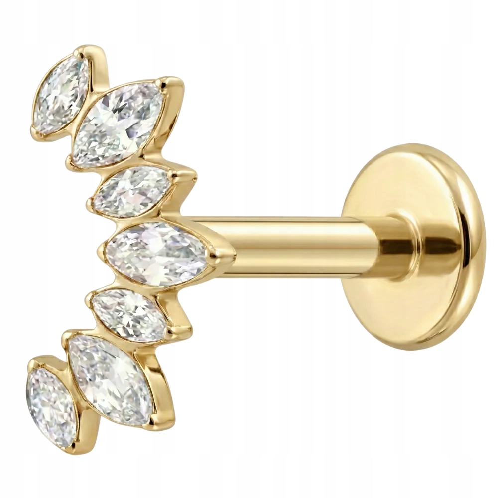 Titanová náušnice Labret Listek Zirkony Helix Tragus 1.2x8 Titan G23 Zlatá