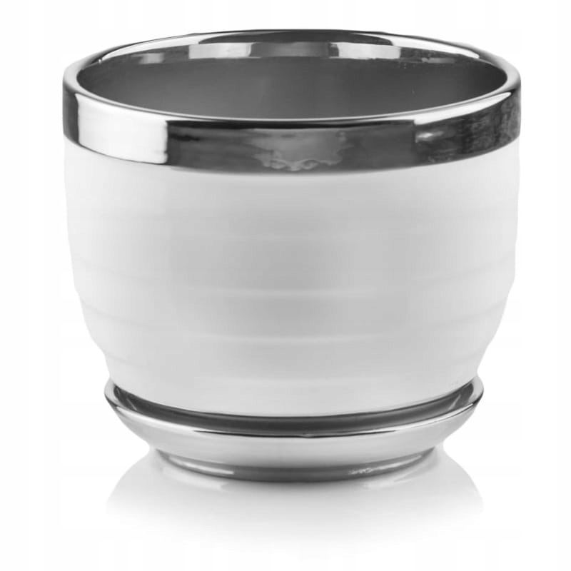 

Biała donica ceramiczna z podstawką 14 srebrny pas