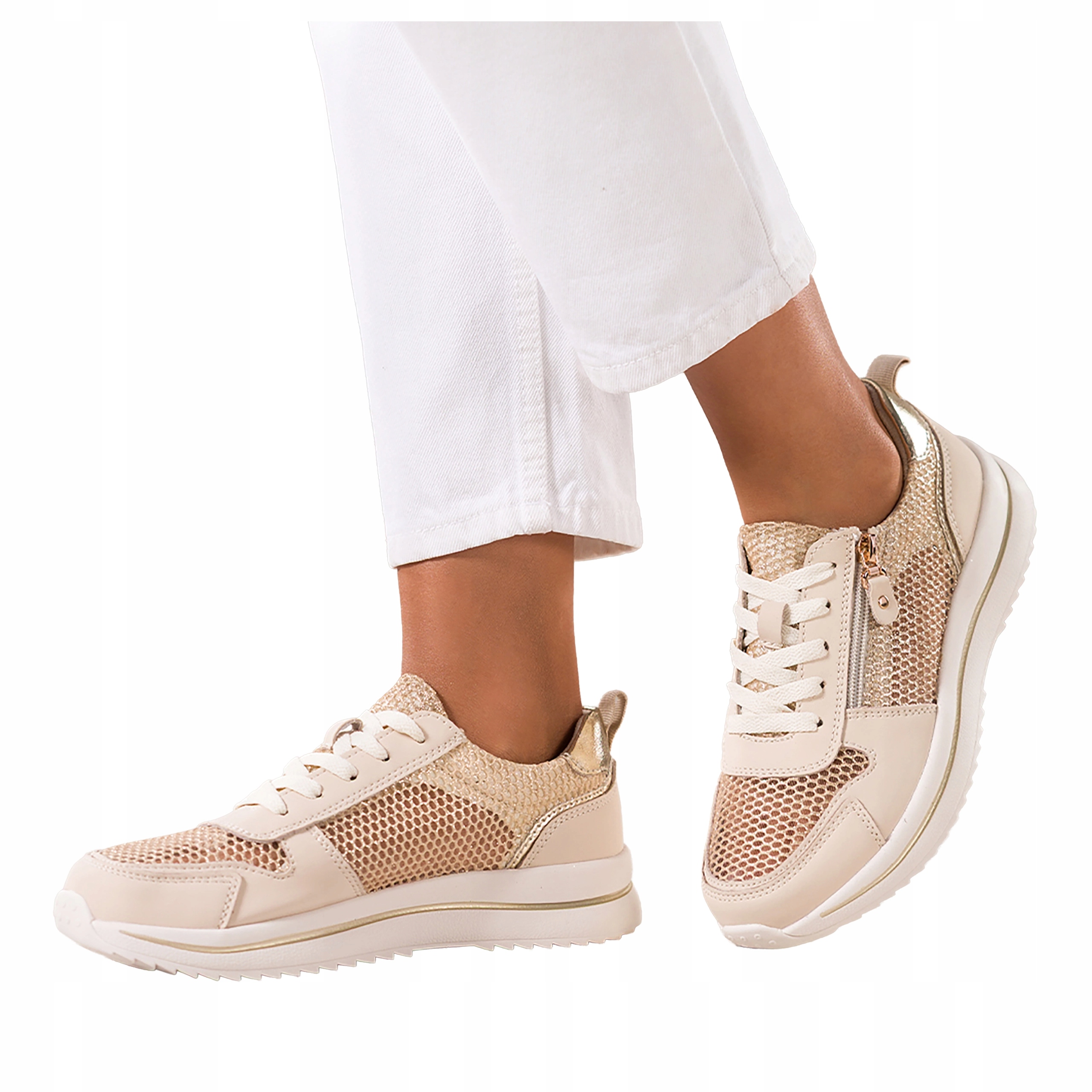 Béžové dámské kožené tenisky na platformě, ažurové, šněrovací, velikost 39