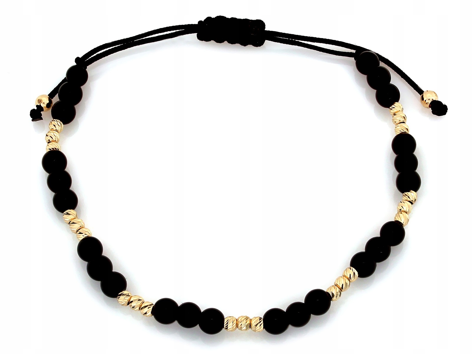 Zlatý náramek 585 14k s černými onyxovými kuličkami na provázku, 0.78 g, módní