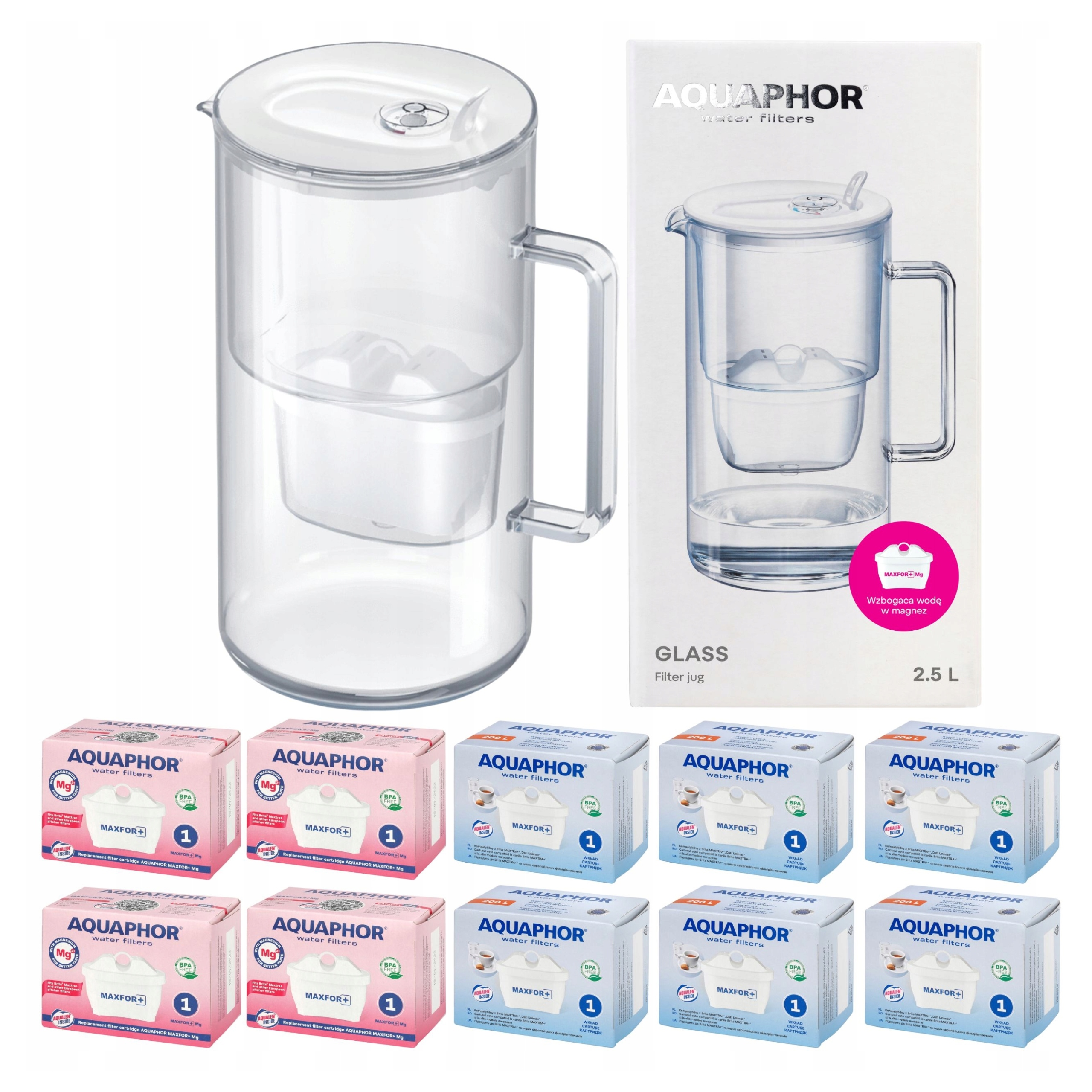 Filtrační konvice skleněná Aquaphor Glass bílá 10 filtrů Maxfor (4Mg+6)