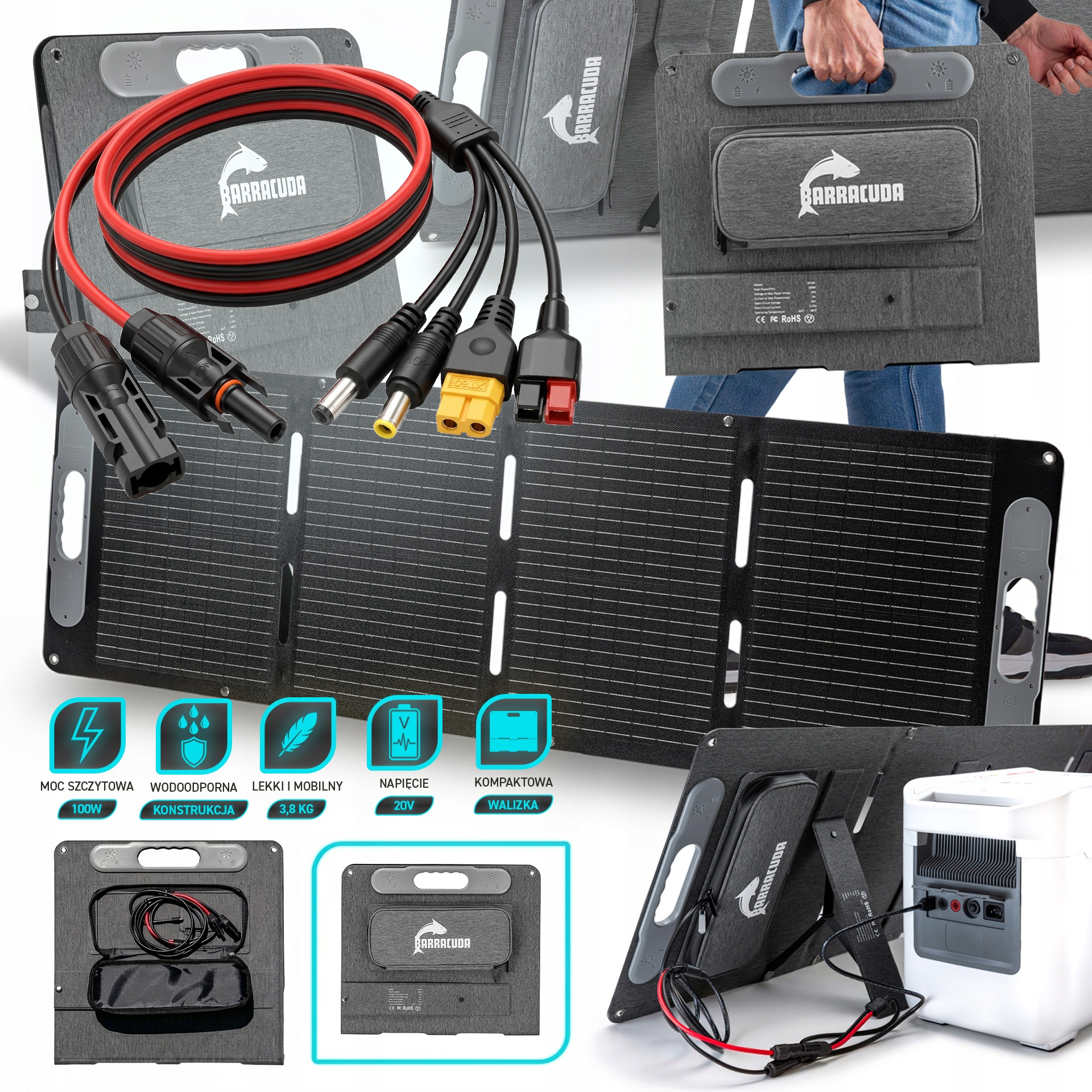 Składany Panel Solarny 100W Adapter 4w1 MC4 XT60 DC5521 DC7909 12AWG