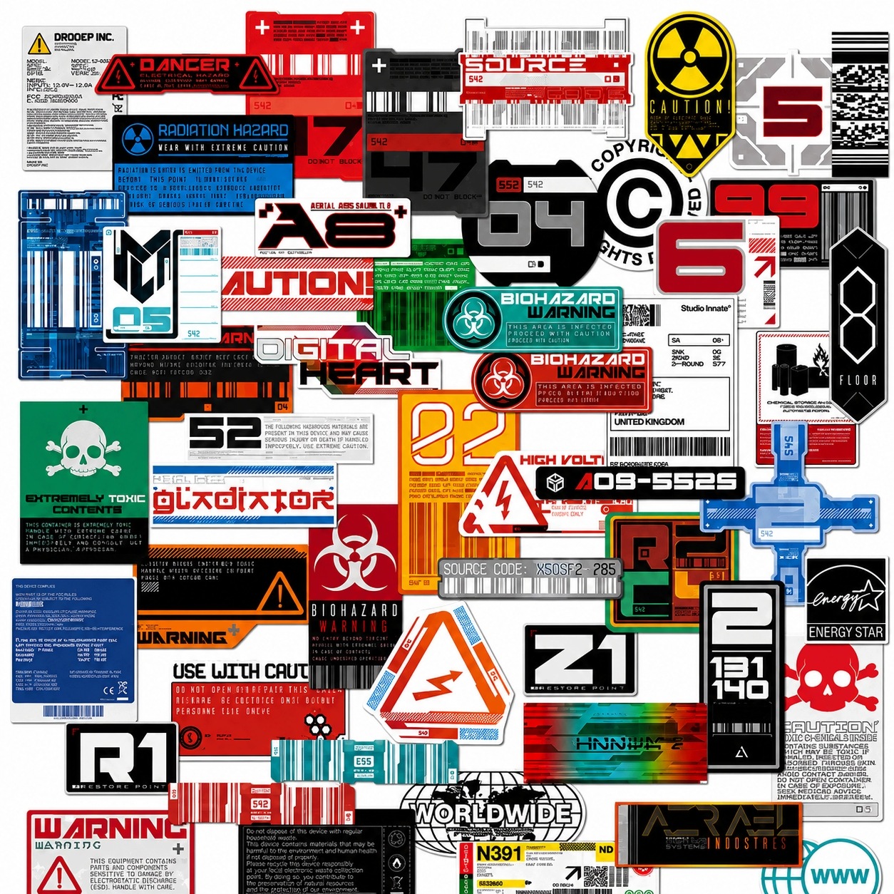 25 Szt Naklejki Cyberpunk Tech Warning Sci-Fi Futurystyczne Industrial