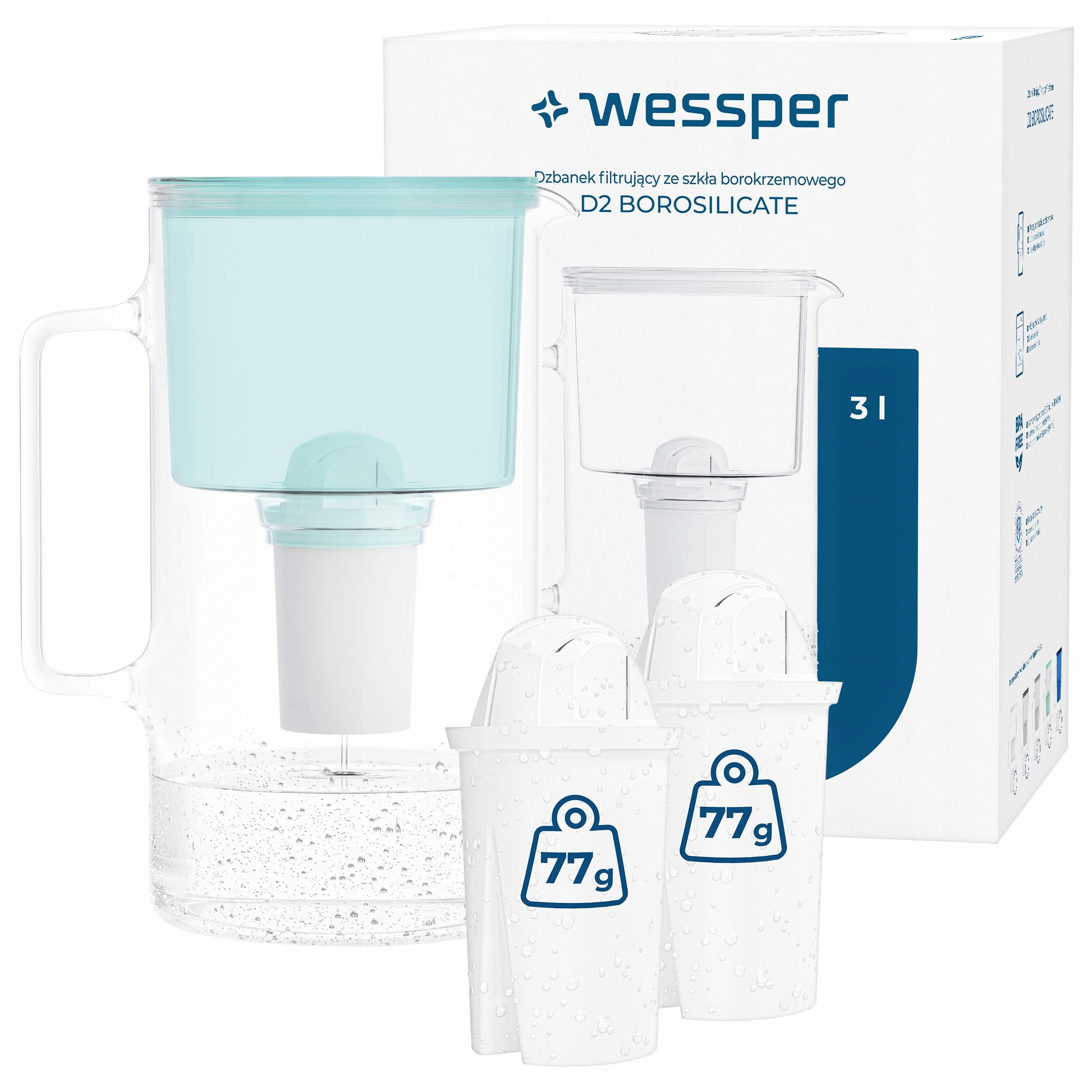 Dzbanek filtrujący szklany Wessper D2 Borosilicate 3l 3 filtr AquaClassic