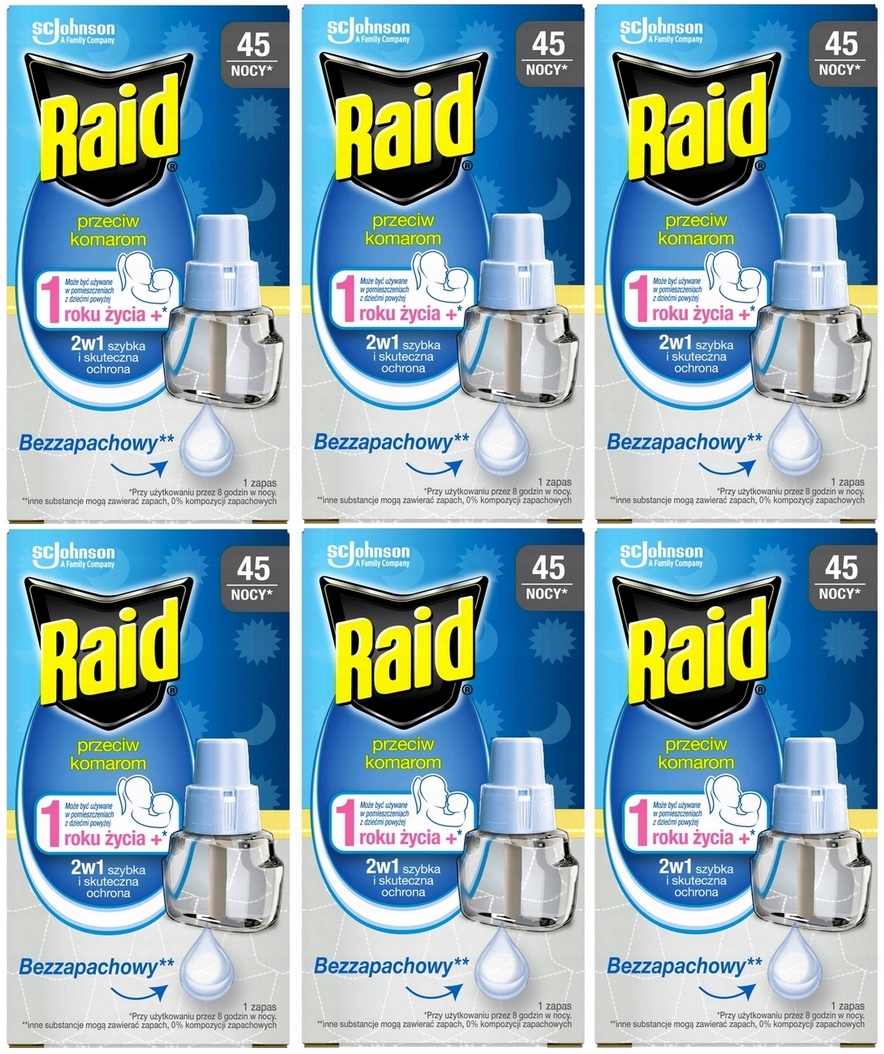 Raid na komary Family od 1 roku Zapas płyn Bezzapachowy 45 nocy (6x27ml)