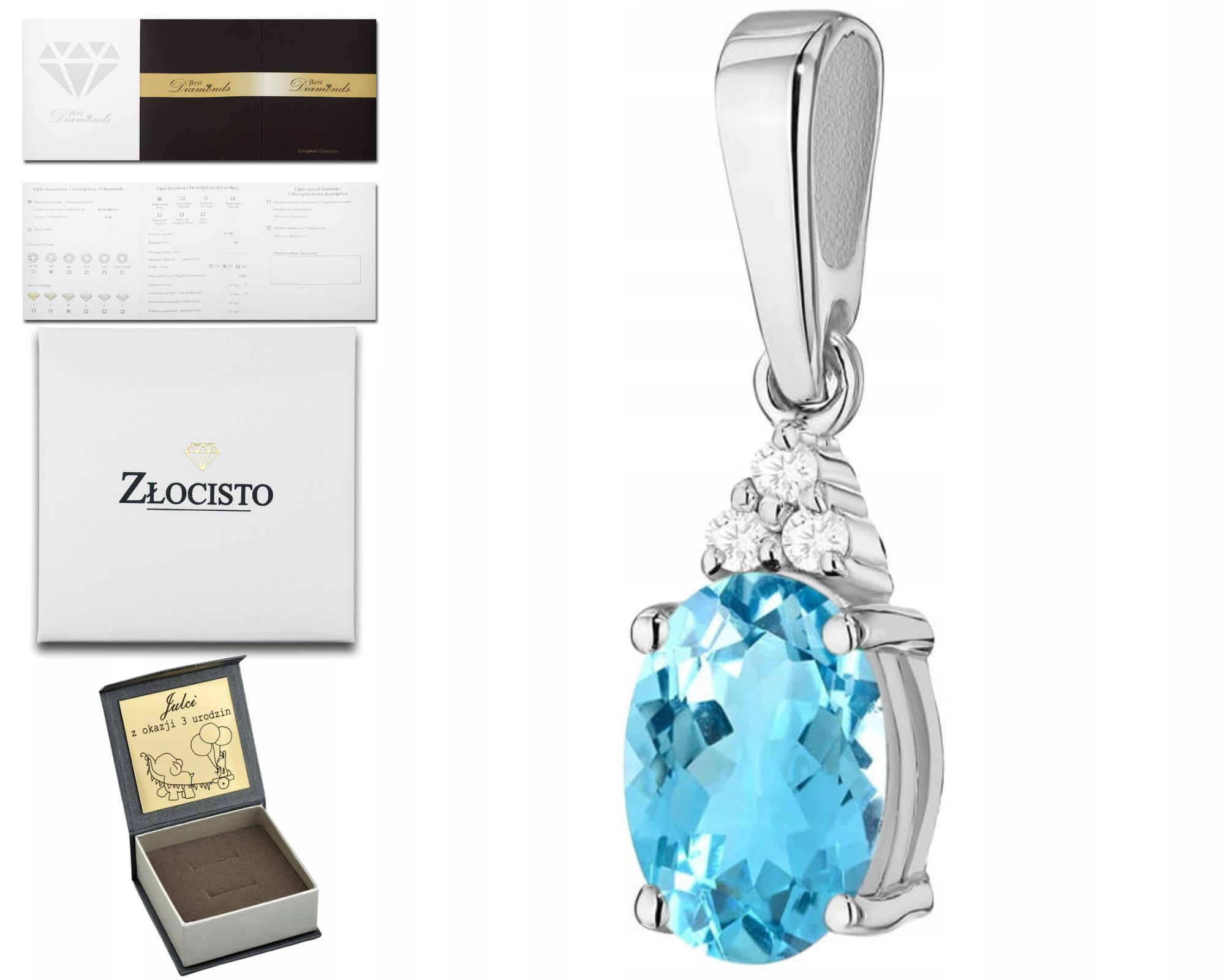 Bílé Zlato Barva Stříbrný Přívěsek Přírodní Kámen Topaz Diamant Dárek