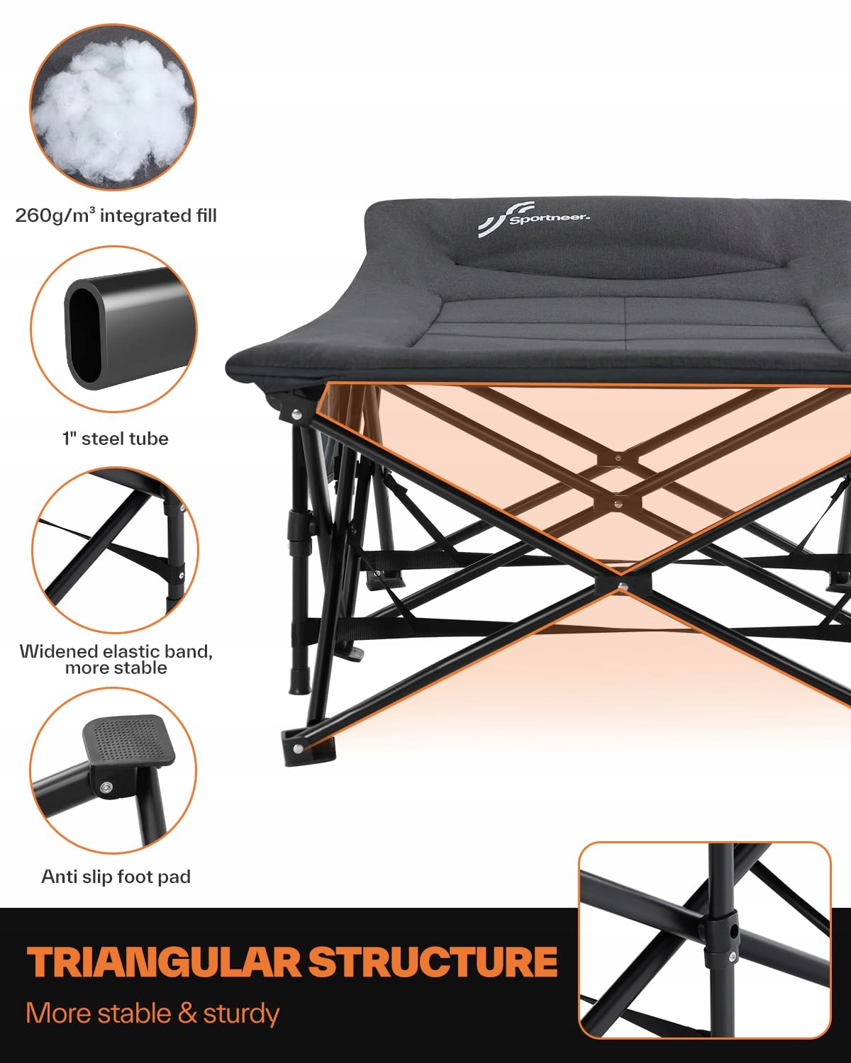 SPORTNEER Łóżko Polowe Składane 200x79cm Do 204KG Kemping Plaża Ogród — miniatura 3