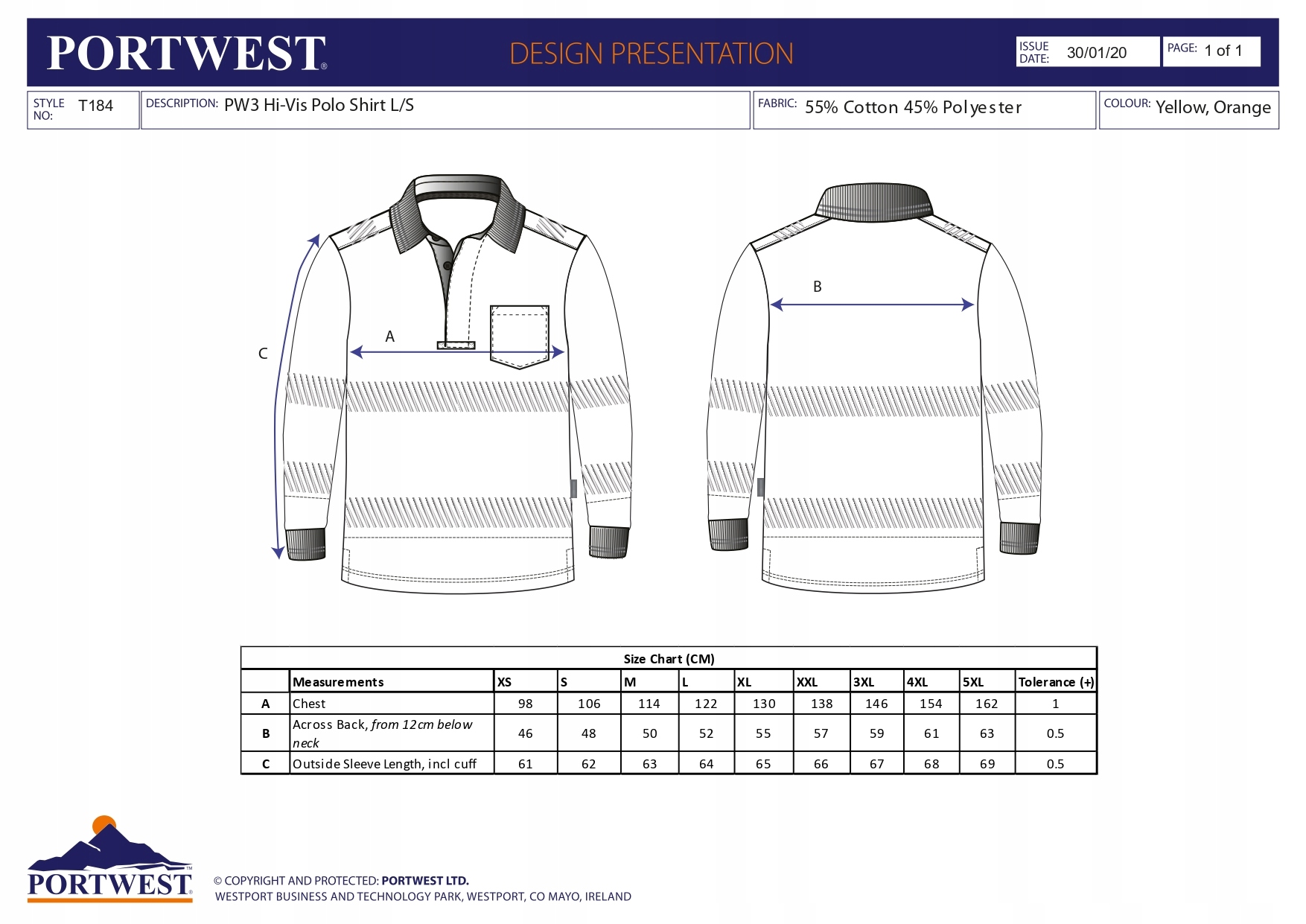 PORTWEST KOSZULKA POLO OSTRZEGAWCZA ORANGE T184 Model T184