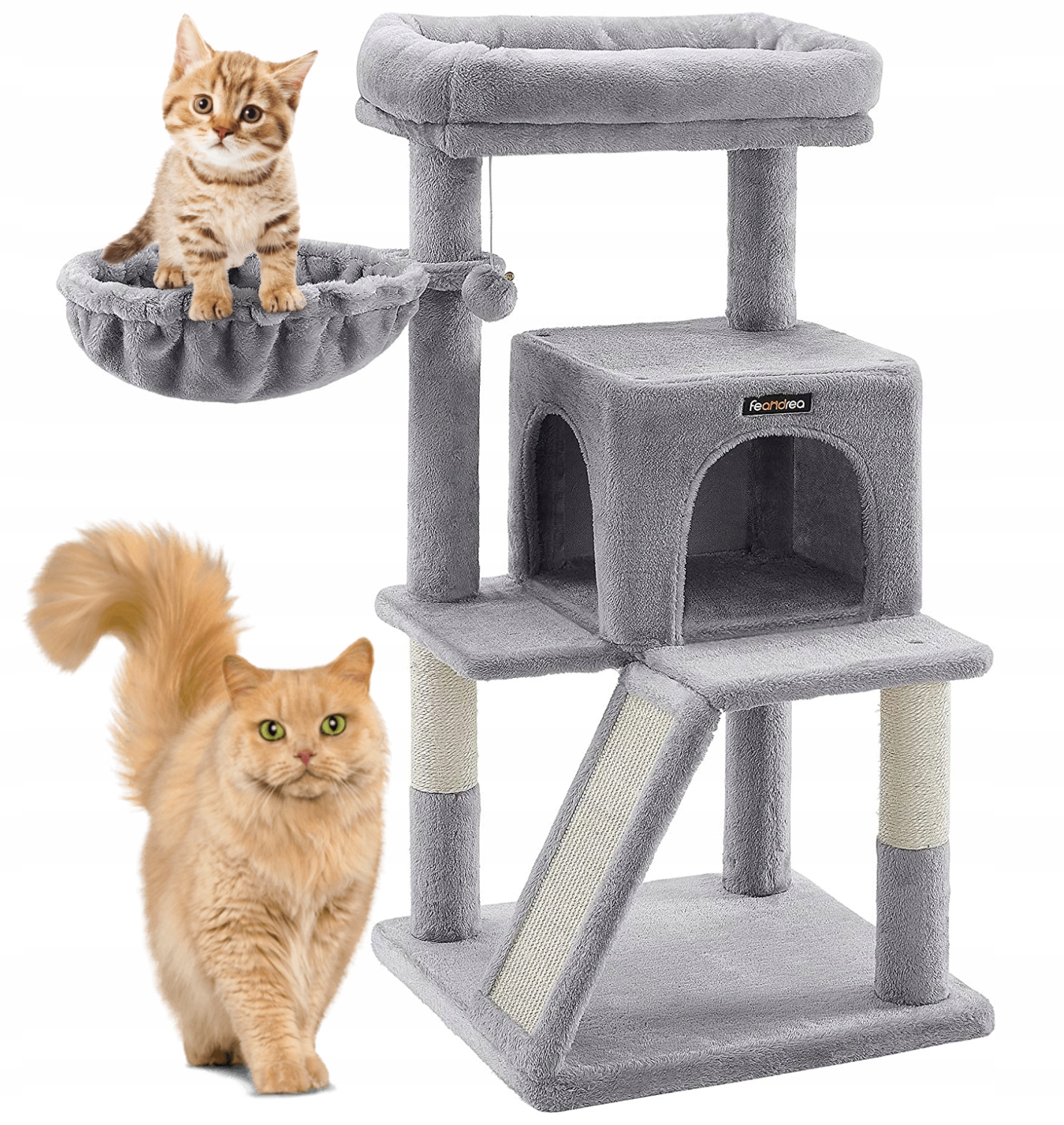 Levně Šedé Škrabadlo Pro Kočky Kočky Věž Sloupek Domeček Stabilní Pelíšek 3 Úrovně