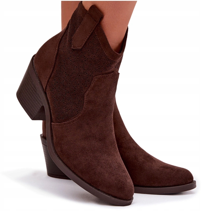 Kotníkové Boty Ažurové Kovbojské Boty Eko Semiš Podpatek S.barski HY61-8013 Čokoládové 36