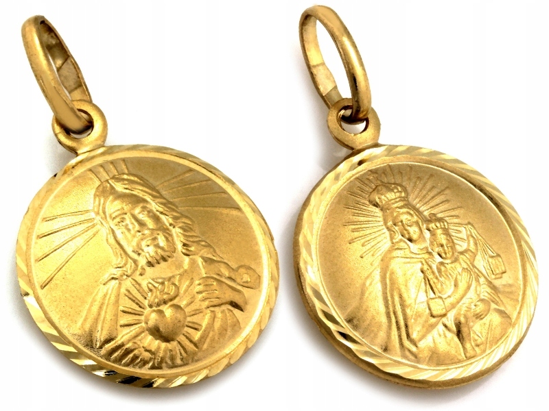 Kulatý zlatý 585 oboustranný medailon se srdcem Pána Ježíše a Pannou Marií 14k