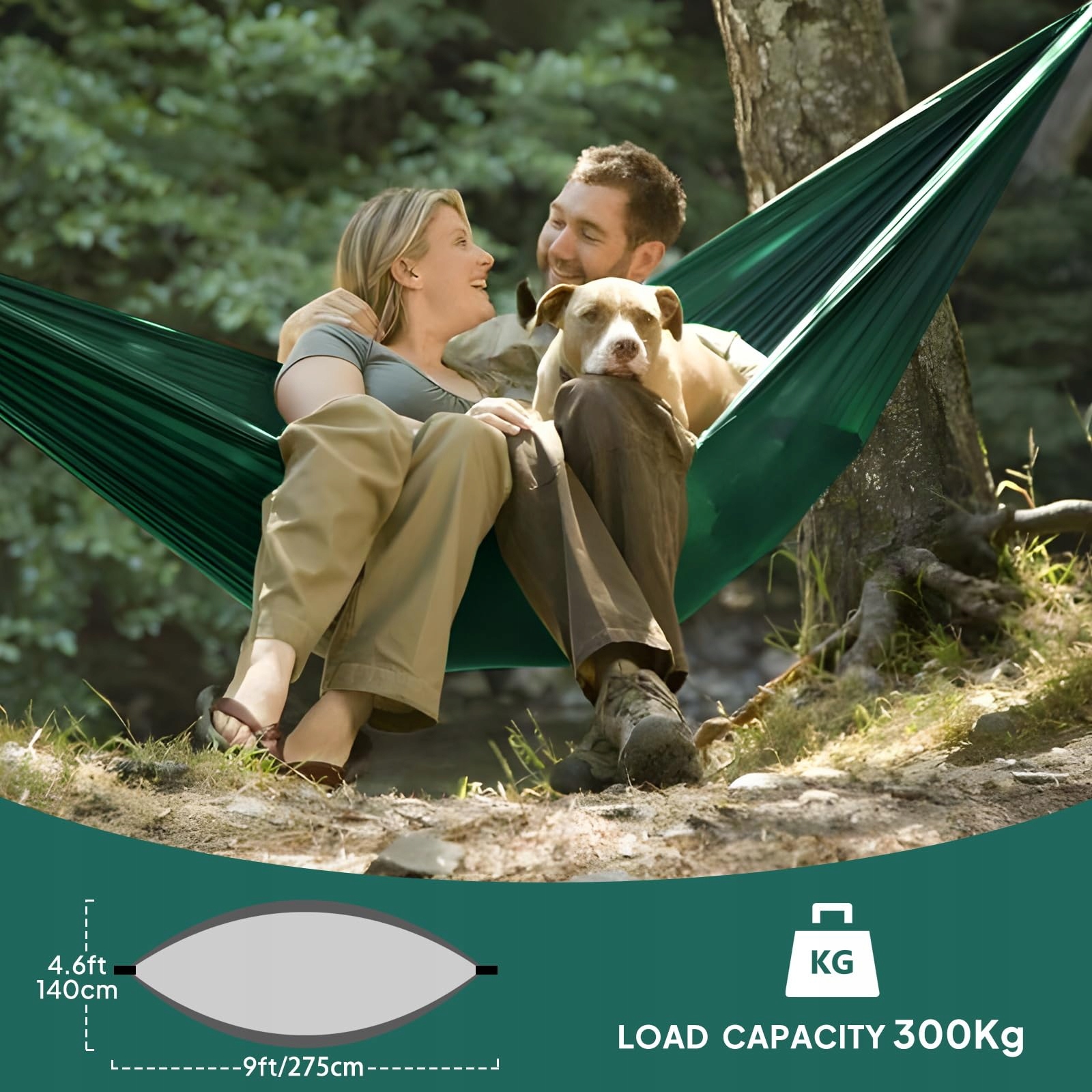 NATUREFUN Lekki Hamak Campingowy 300kg Nylon Karabinki Zielony — miniatura 2