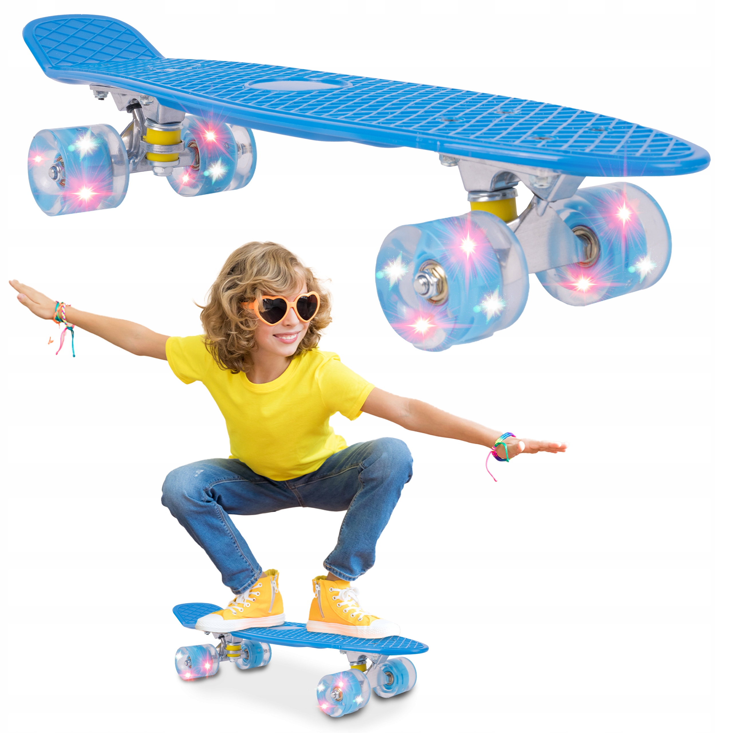 FISZKA SKATEBOARD PRO DĚTI OSVĚTLOVACÍ KOLA LED MODRÁ 56CM ABEC7 RGB