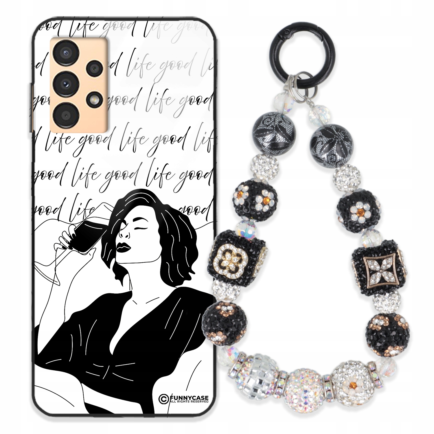 Puzdro Na Samsung A13 4G Glass Ženské Black&white Kľúčenka Strieborné Zirkóny Wz