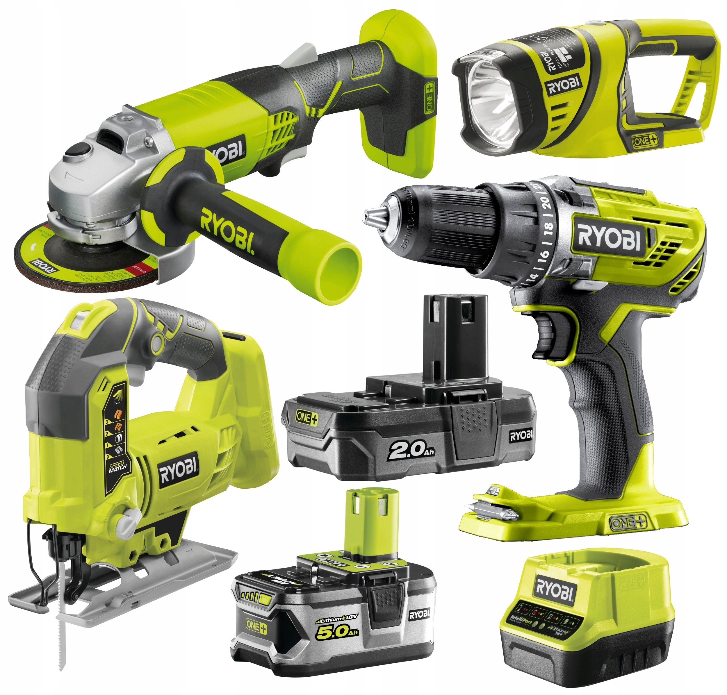 Sada 7 Ks Ryobi Aku Šroubovák Bruska 5Ah+2Ah 18V