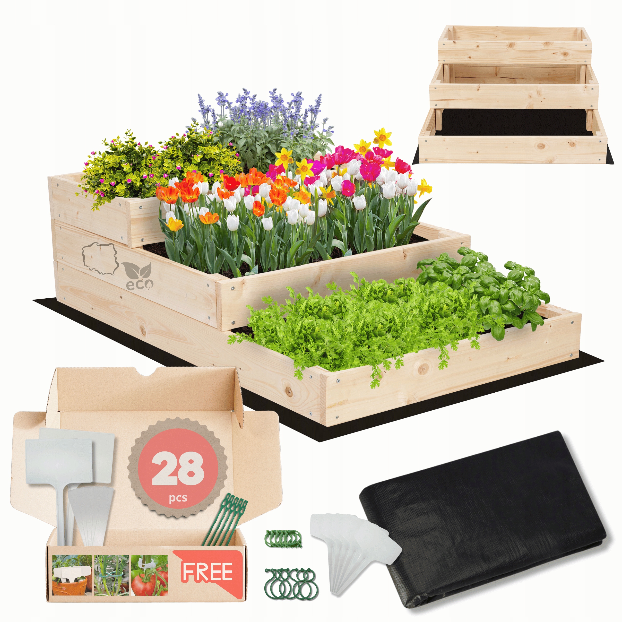 Zeleninový Záhon dřevěná truhla s květináčem pařeniště patrová pro treláž 27x60x90