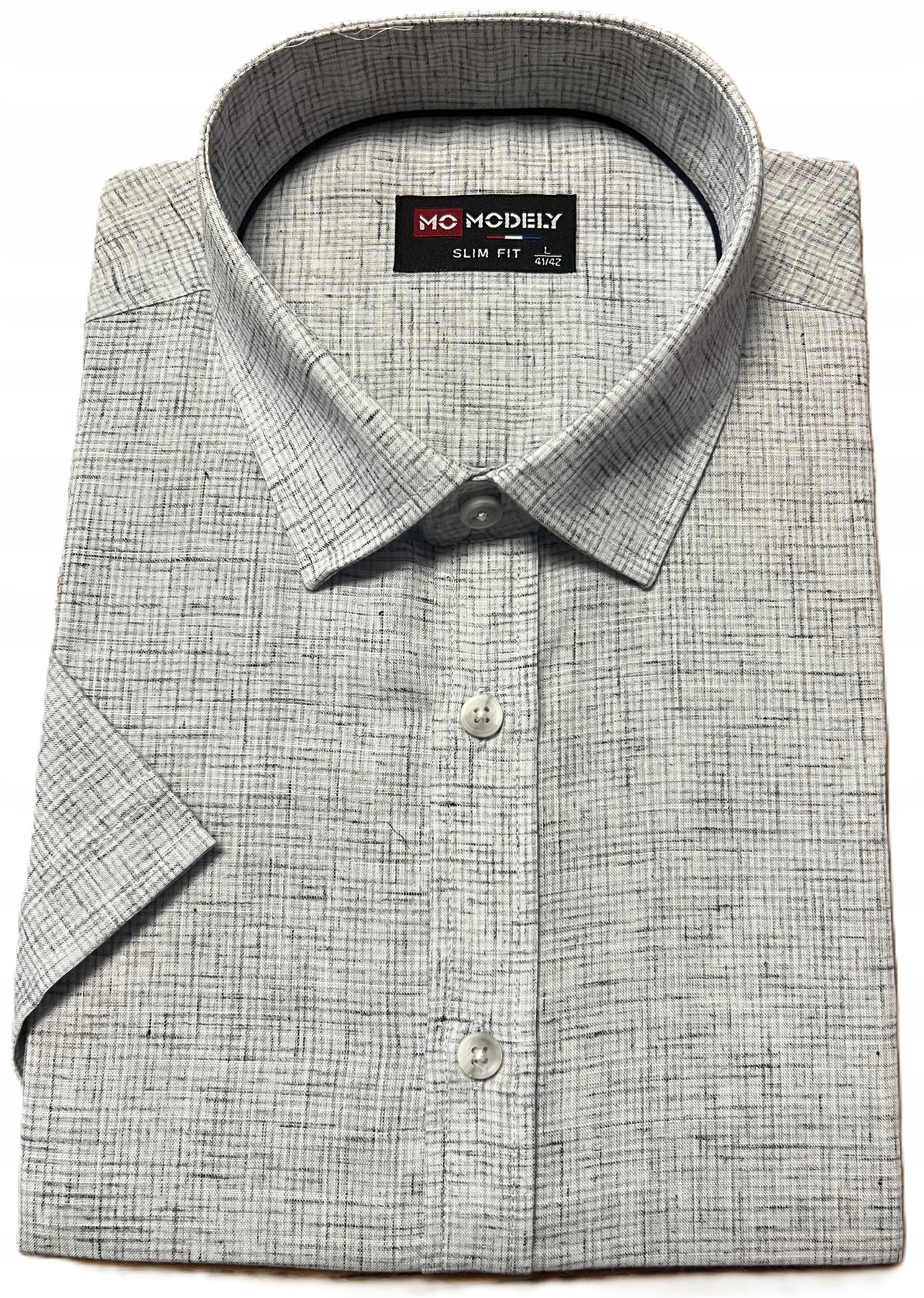 Pánská košile Modely 2635 Šedý melír, kostkovaný efekt SlimFit L 40/41 k. Rukáv