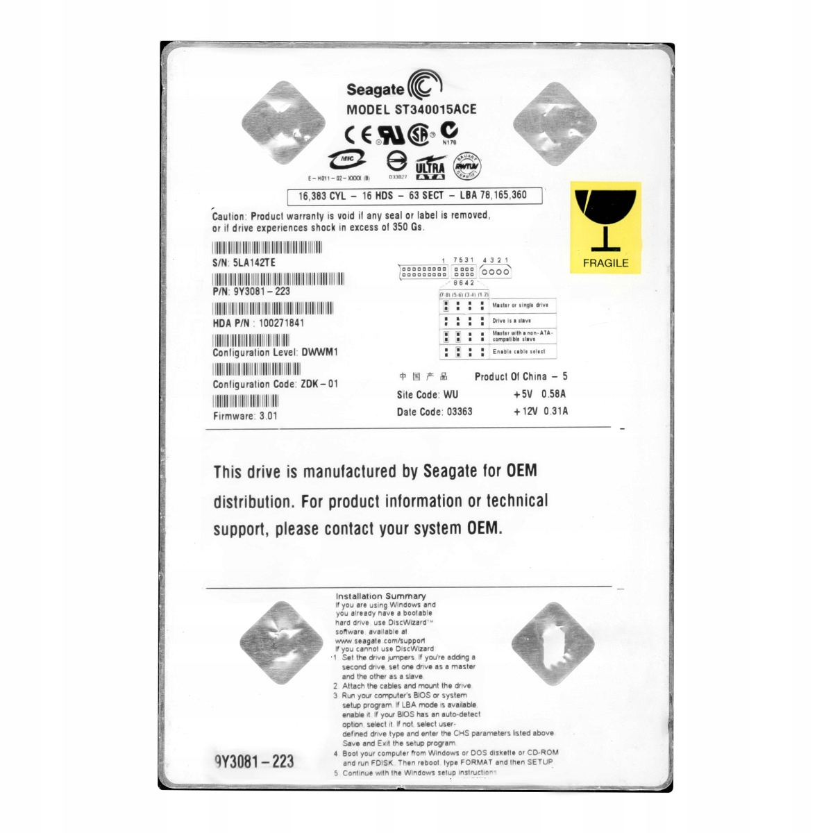 Seagate 40GB 5.4K 2MB Ata 3.5'' ST340015ACE