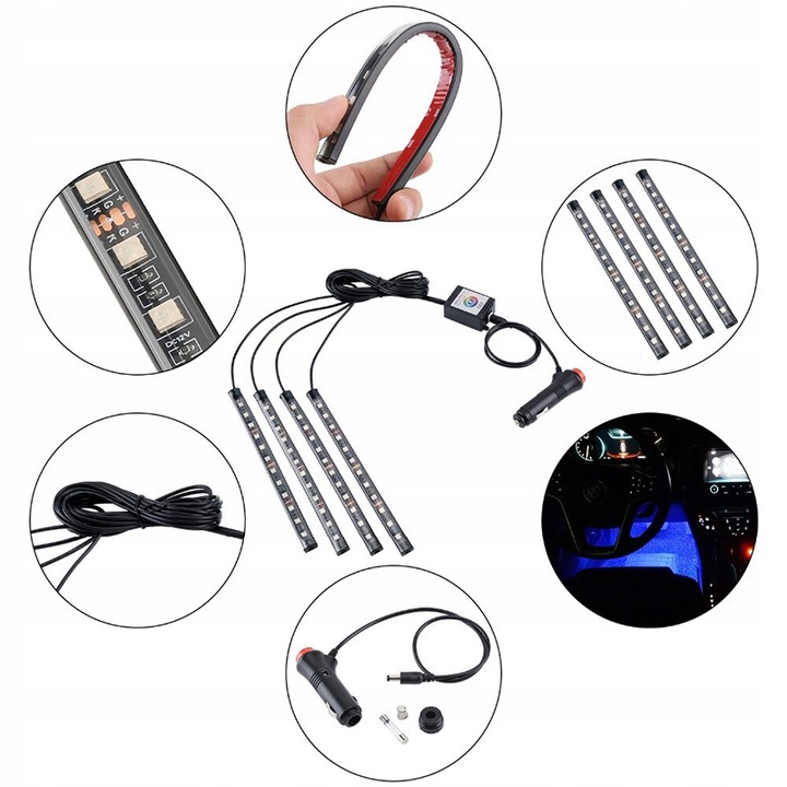 OŚWIETLENIE 12 LED RGB DO SAMOCHODU LISTWA TAŚMA DO WNĘTRZA AUTA + PILOT Wersja Europejska