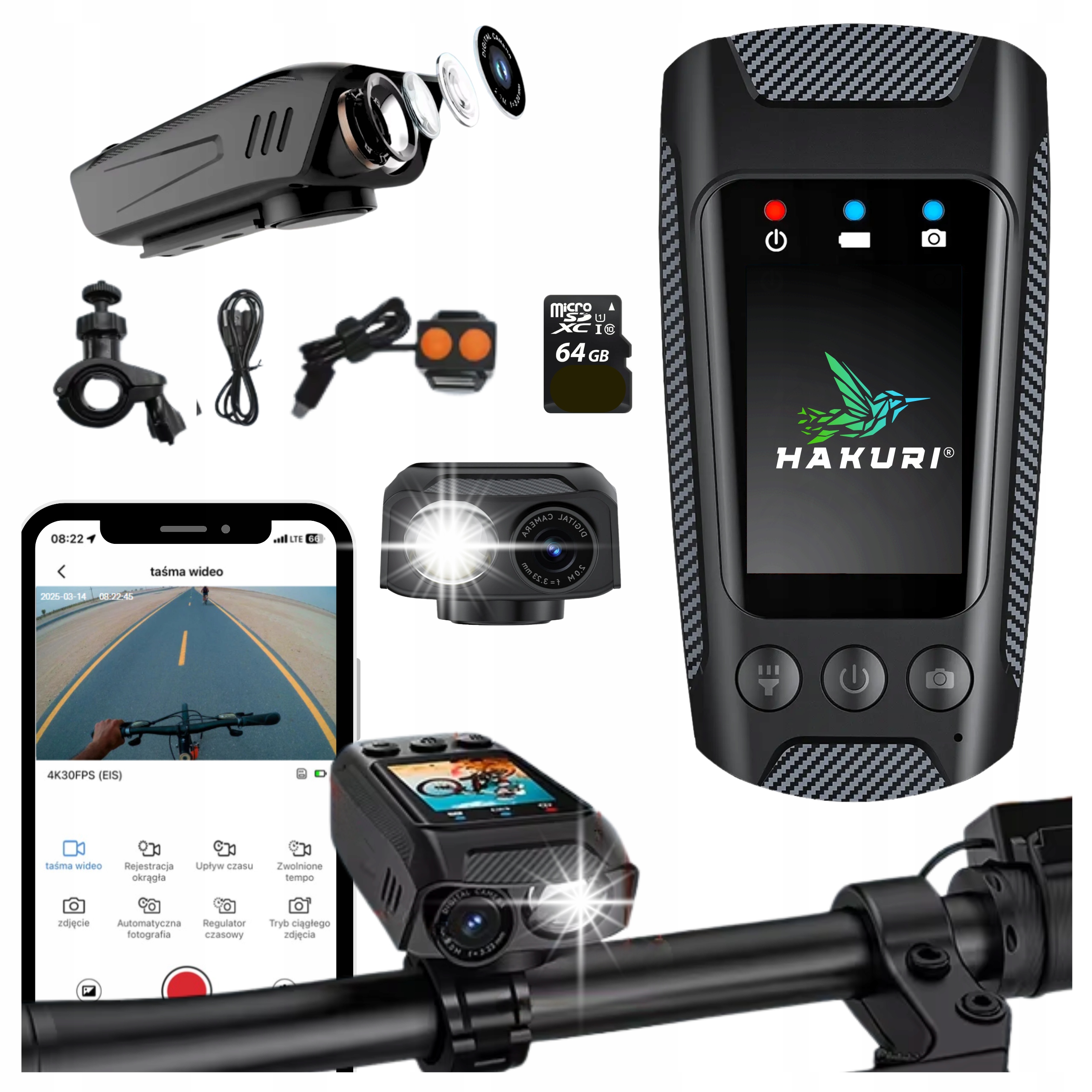 Kamera Sportowa Rowerowa 4K/60FPS Uhd Video Latarka Klakson 4w1+ 64G Hakuri