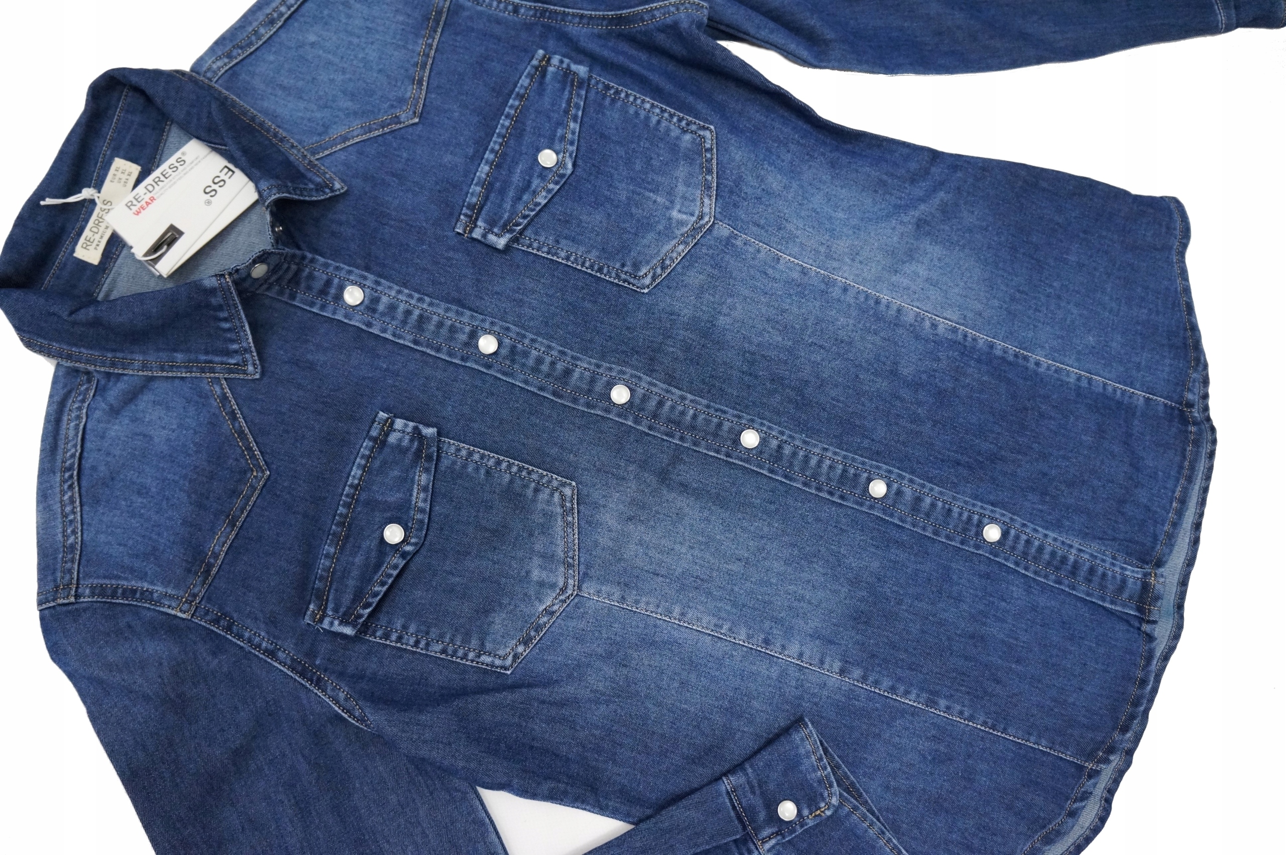 DAMSKA KOSZULA JEANSOWA TALIOWANA PERŁOWE GUZIKI WYGODNA ELASTYCZNA MODNA Rozmiar 3XL