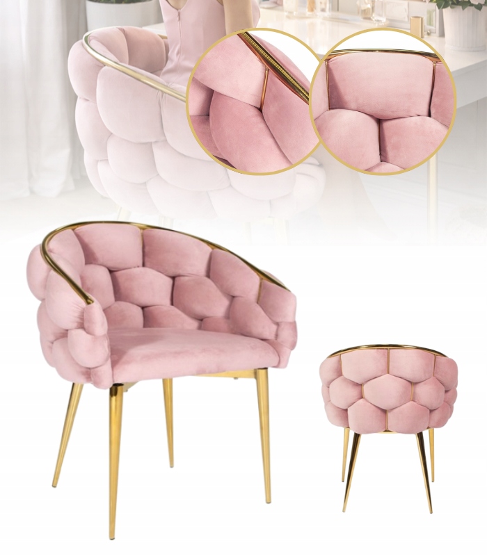 Křeslo Balloon velur pudrová růžová, zlaté nohy styl Glamour