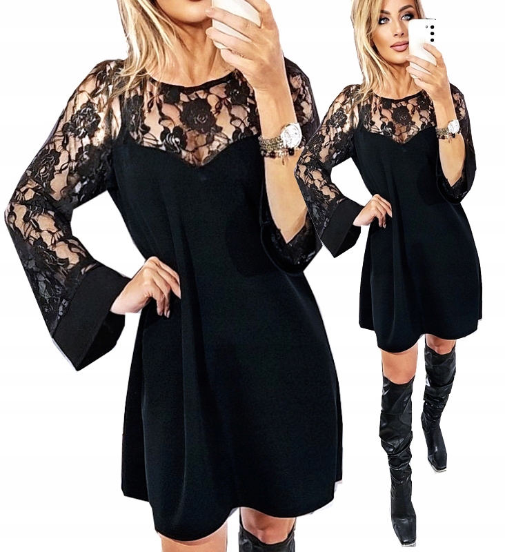 Sukienka Trapezowa Wieczorowa Luźna Z Koronką Koronkowa XL