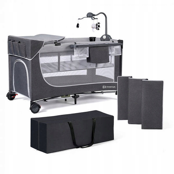 KINDERKRAFT LEODY ŁÓŻECZKO TURYSTYCZNE Z AKCESORIAMI PRZEWIJAK GREY