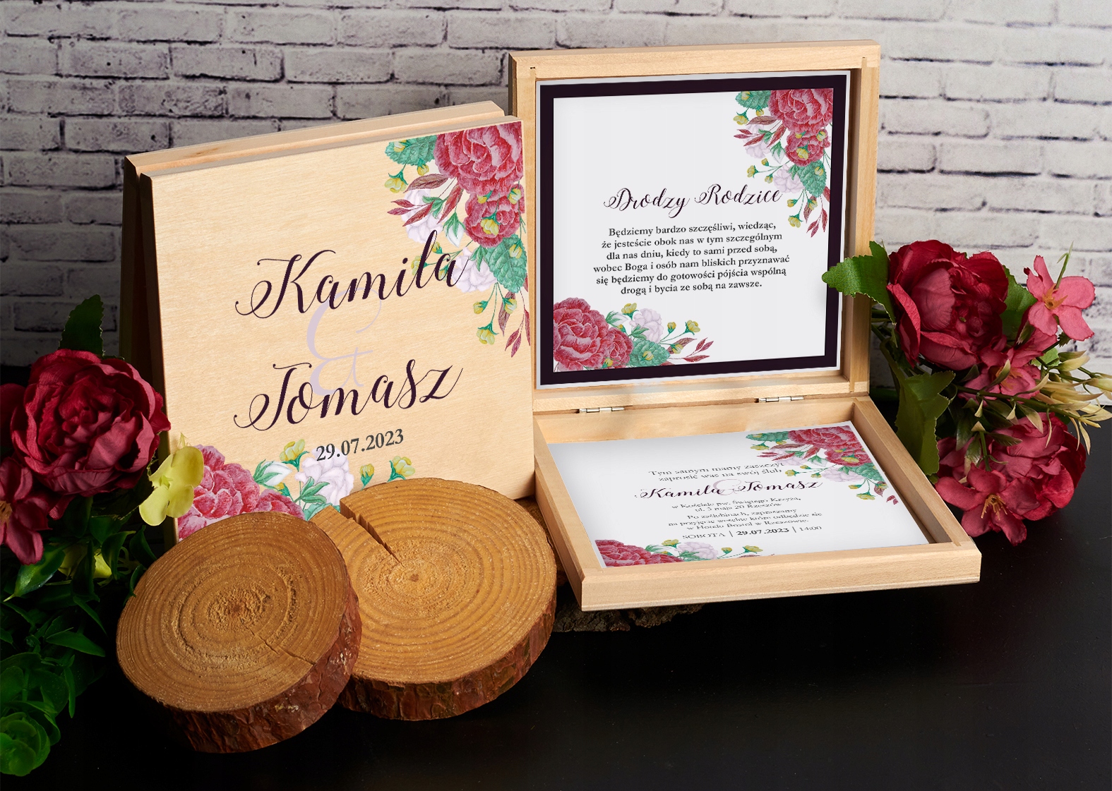 PUDEŁKO DREWNIANE PROŚBA ZAPROSZENIE DLA RODZICÓW NA ŚLUB WESELE BORDOWE Z2 Wysokość produktu 14.5 cm