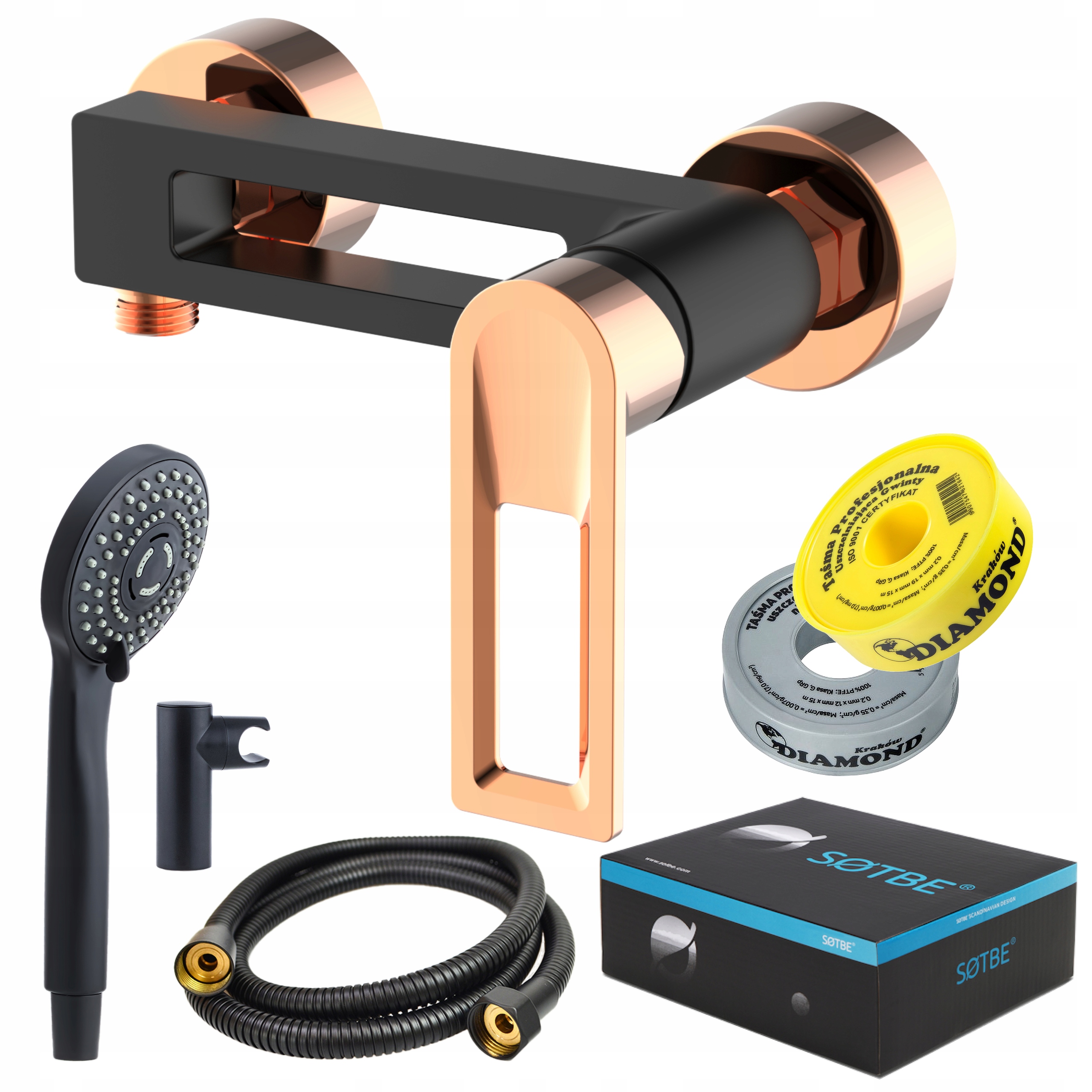 Sprchová batéria nástenná čierna zlatá so sprchovou súpravou Sotbe