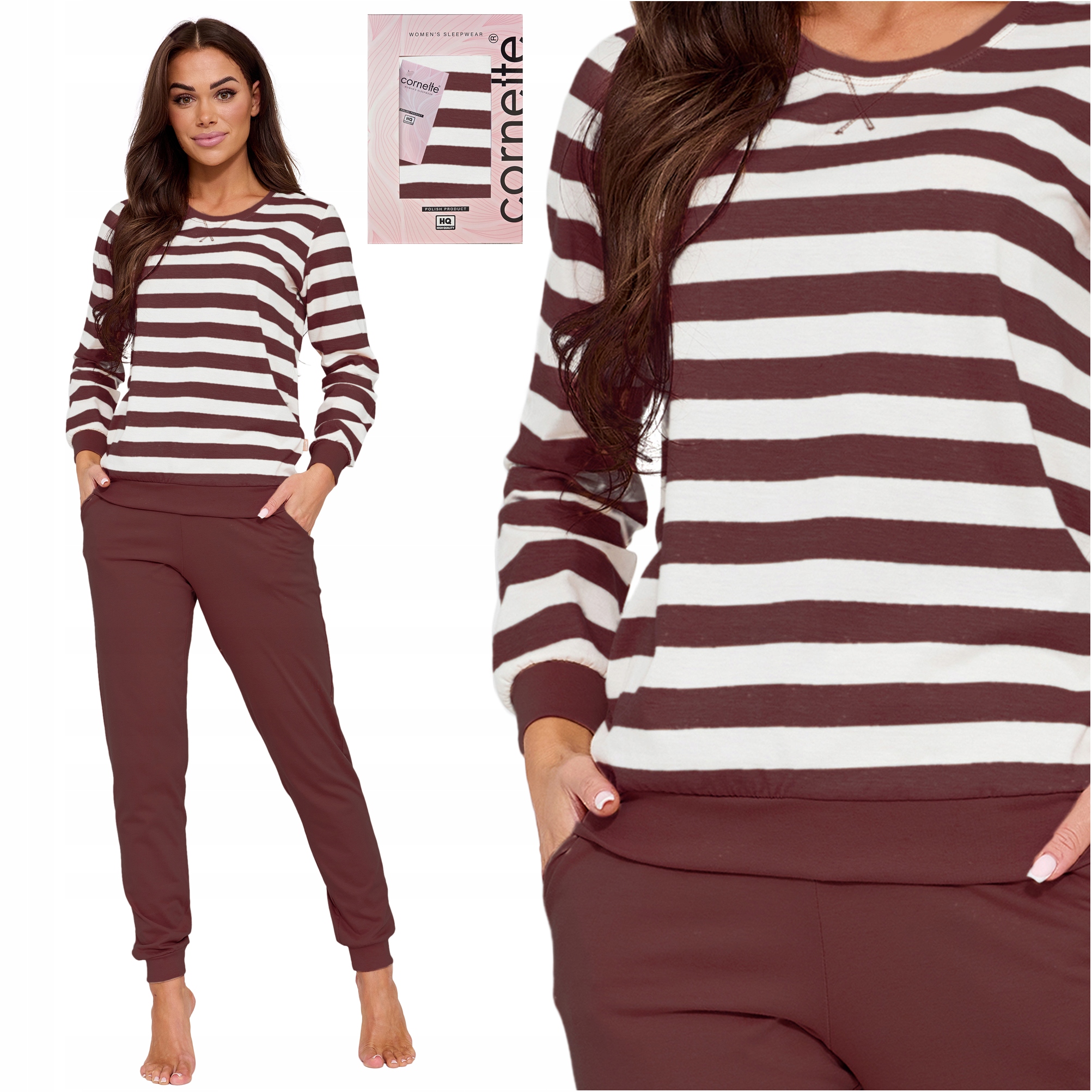 Piżama damska bawełniana długi rękaw czekoladowa Cornette 635/475 Molly L