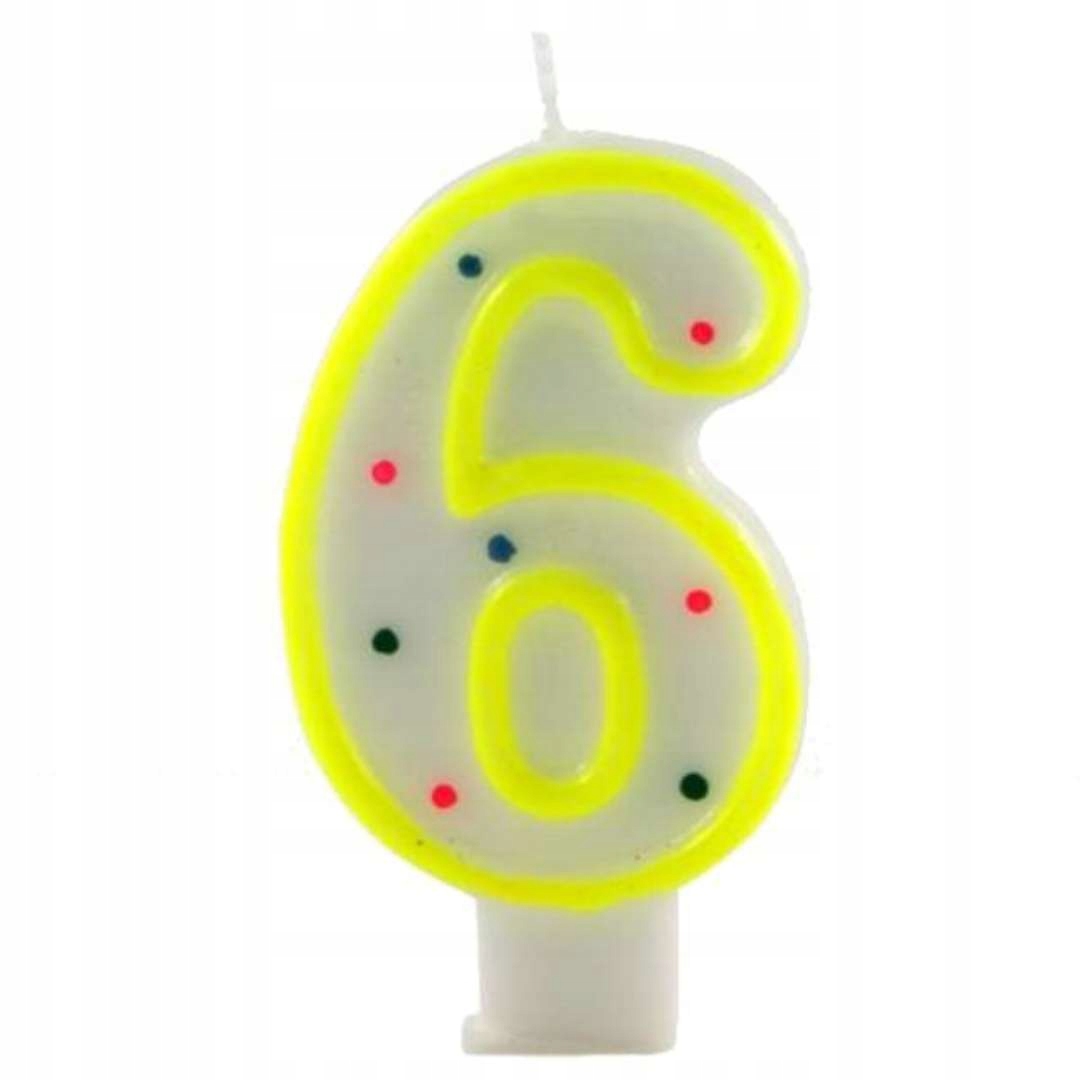 Świeczka na TORT cyfra 6 żółta w KROPKI urodziny