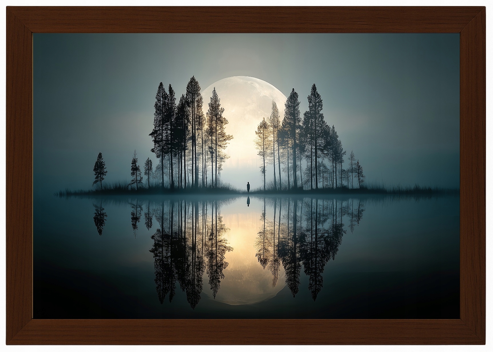 Plakát Rámeček Dřevo Úplněk Mlha Jezero Les Samota 60x40