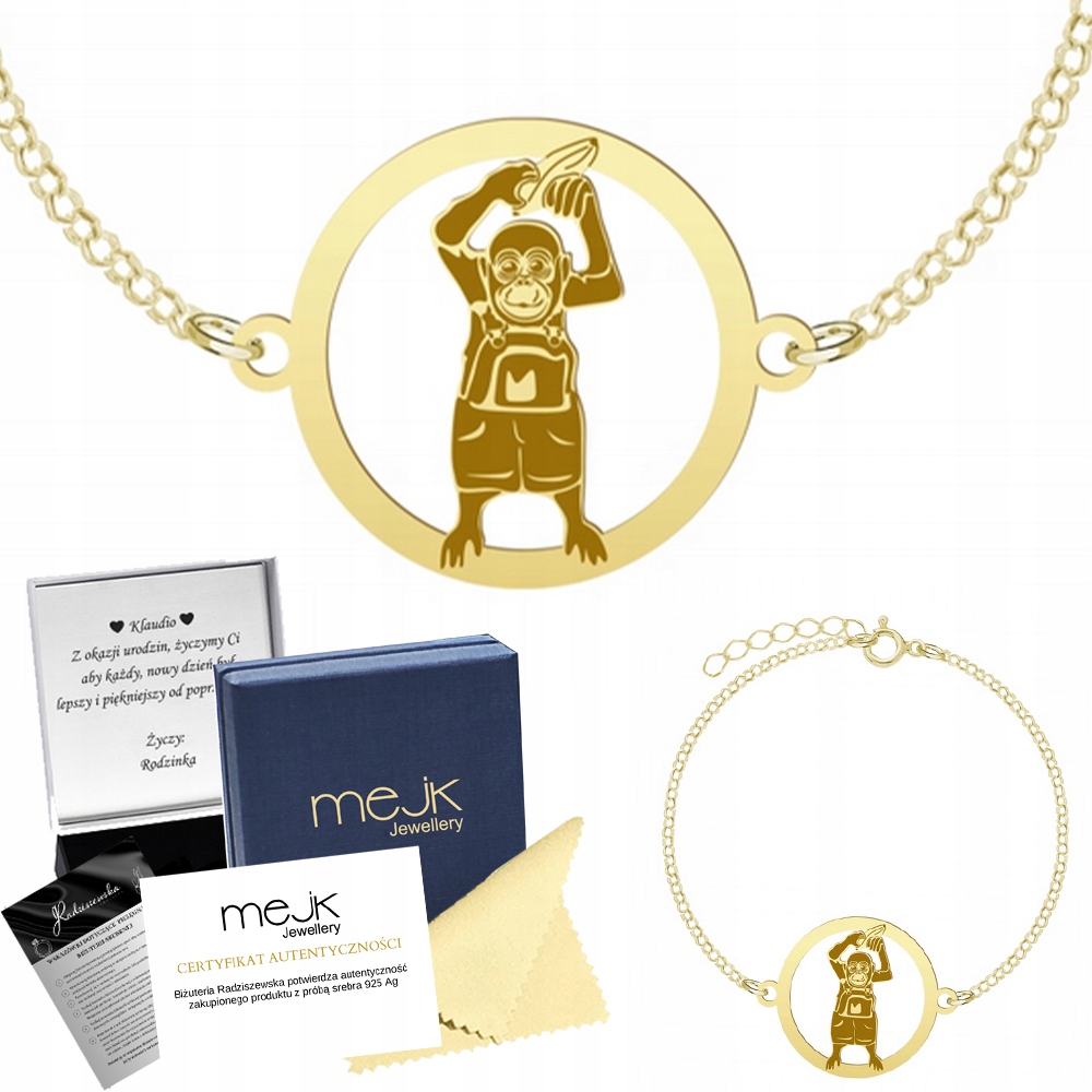 Zlatý náramek s opičkou 925 Řetízek Šperky Dárek Gravírování Bonus