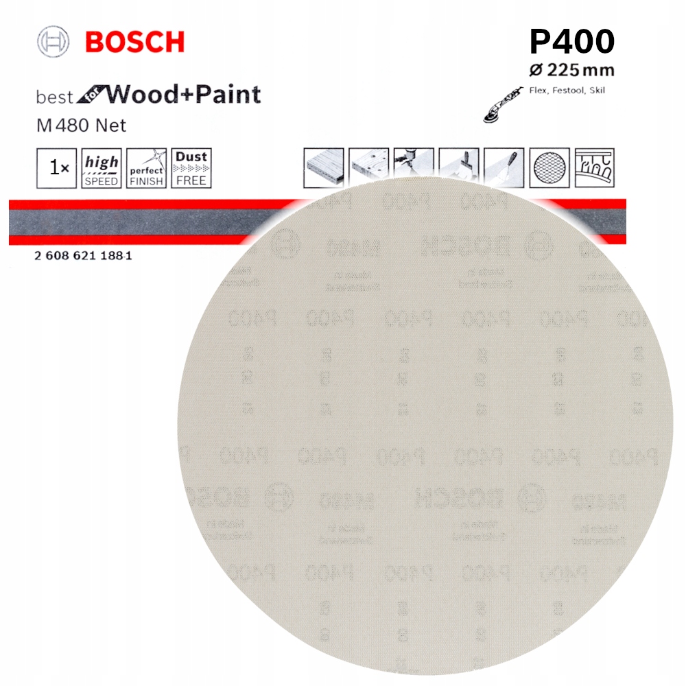 Siatka ścierna krążek Bosch M480 225 gr.400 Na rzep Do żyraf