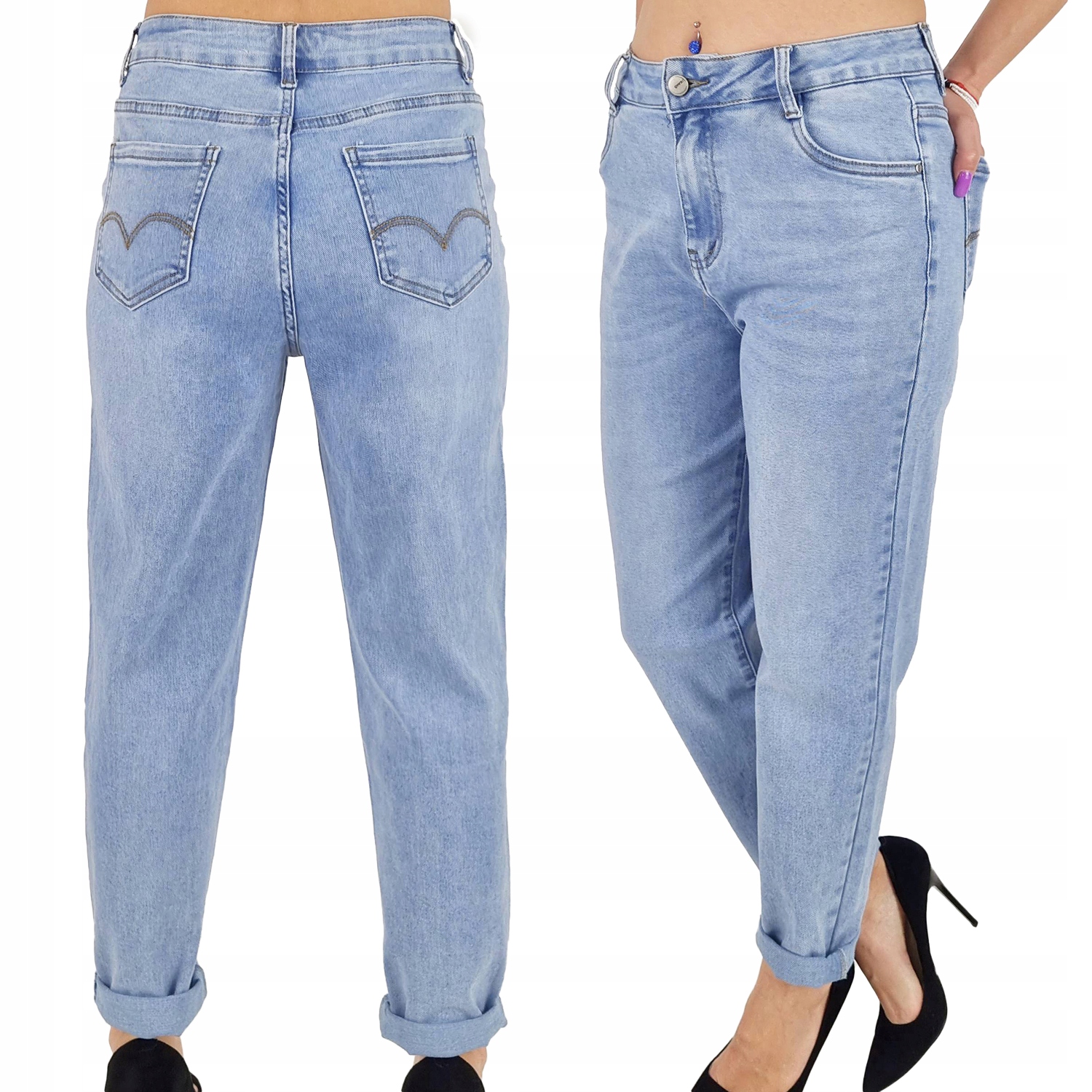 Premium Jeansy spodnie damskie wysoki stan Mom Fit Boyfriend