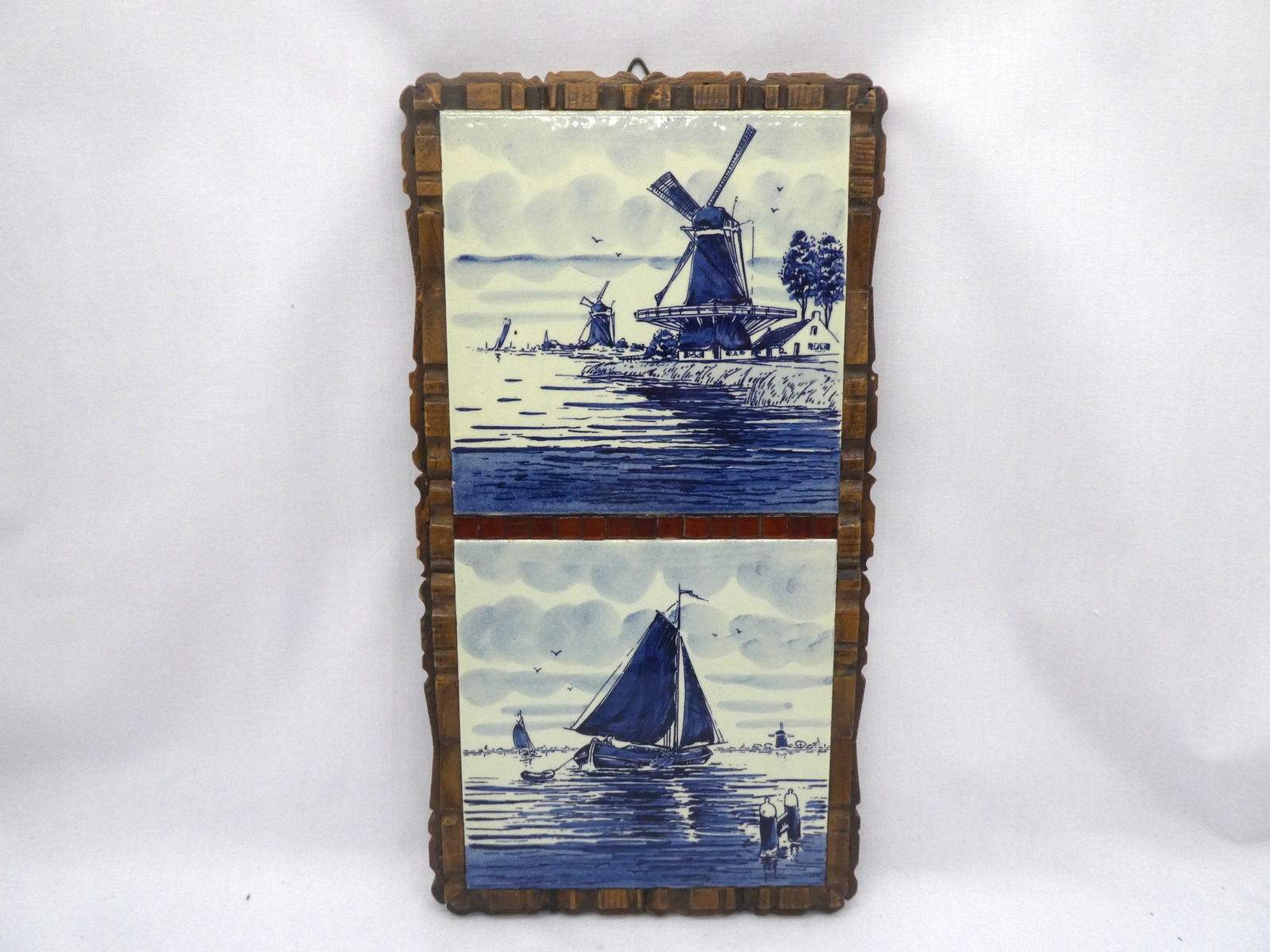 STATEK I MŁYN MALOWANY KAFEL W DREWNIANEJ RAMCE HOLLAND 1-4519