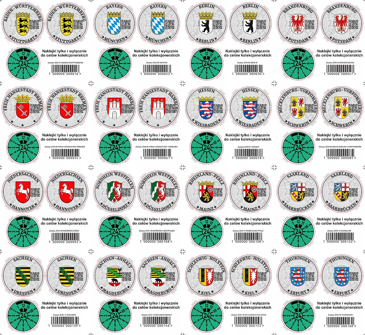 Naklejki Landy Niemcy do tablic, kolekcjonerskie