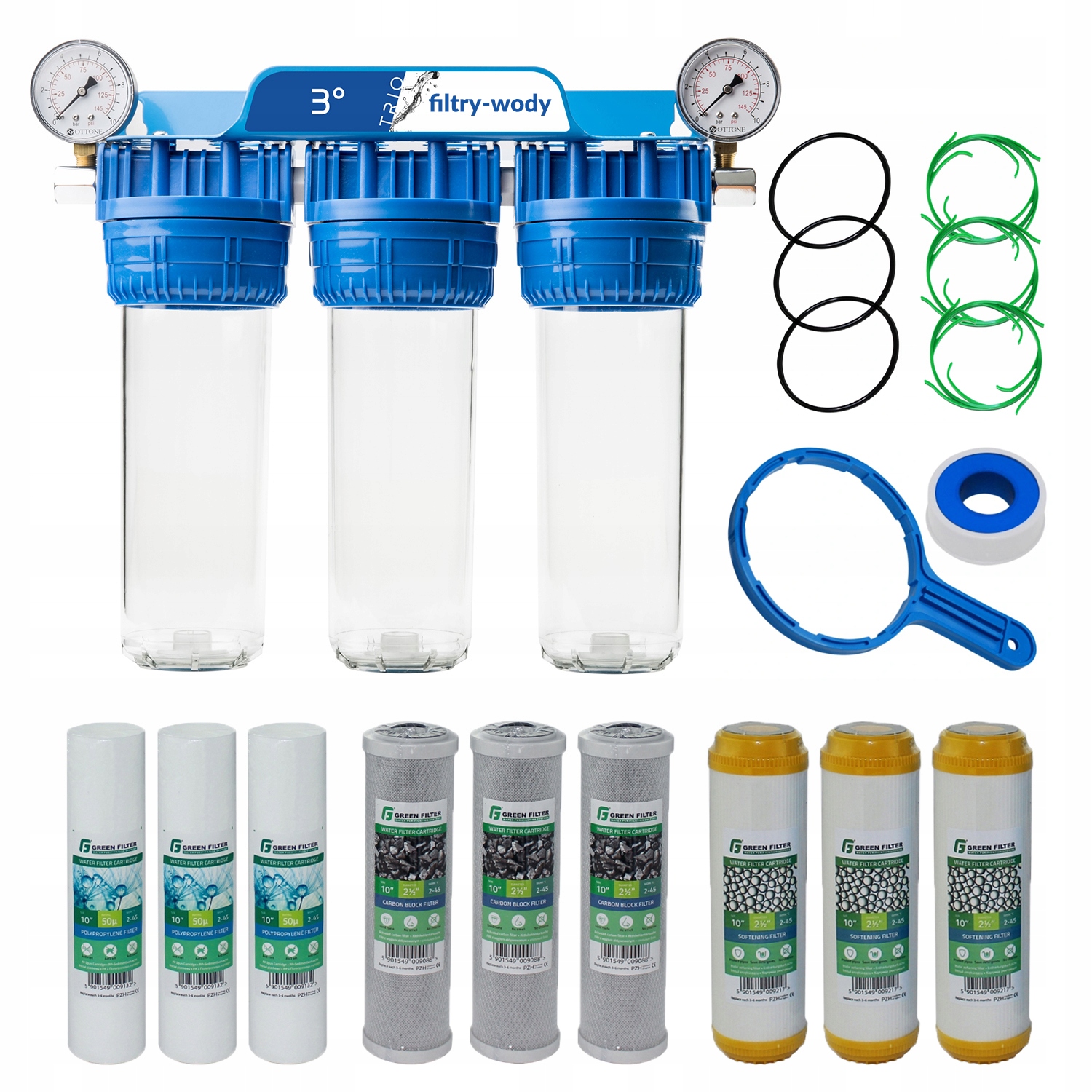 FILTR WODY WSTĘPNY CAŁY DOM 3 STOPNIOWY ZMIĘKCZACZ + ZESTAW WKŁADÓW