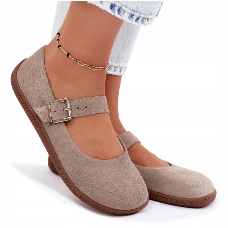 Dámské Baleríny Barefoot Ze Semiše Pásek S Přezkou Zazoo 316 Cappuccino 36