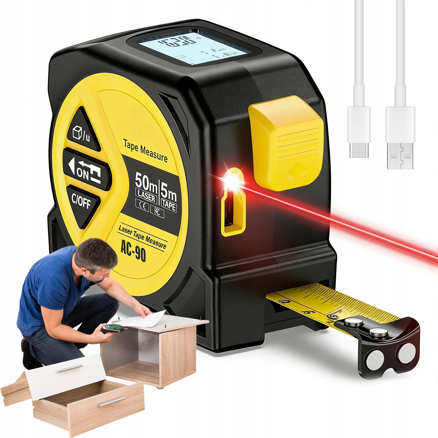 Laserový Dálkoměr 50 M Elektronický S Ocelovou Páskou 5 M