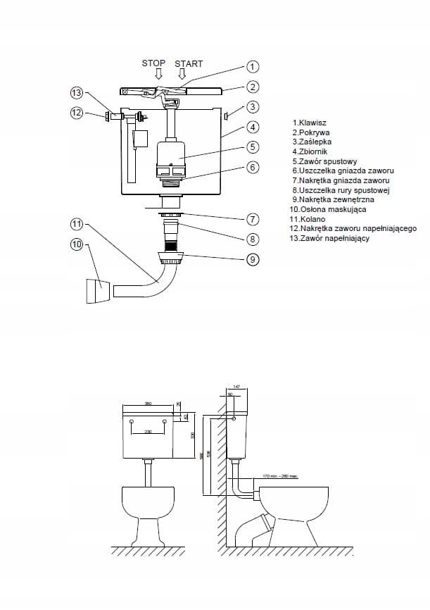 SPŁUCZKA DOLNOPŁUK M-99 Z KLAWISZEM WC START/STOP Linia M-99 z klawiszem