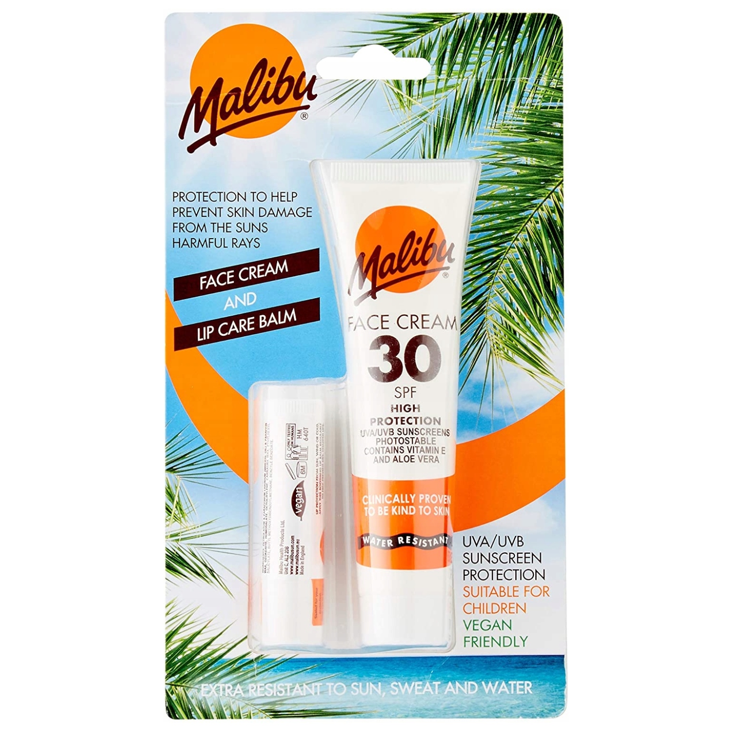 Malibu Opalovací krém na obličej SPF30 Ochranný balzám na rty SPF30