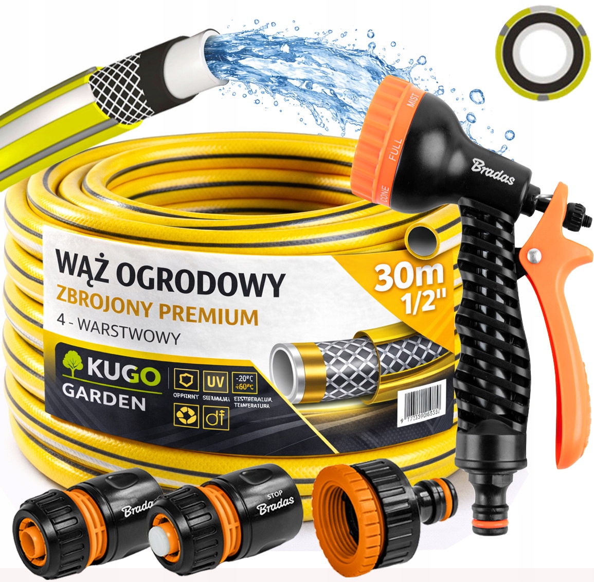 Hadice 1/2" 30 m 4 Vrstvy Premium Gun Spojky Set Bradas