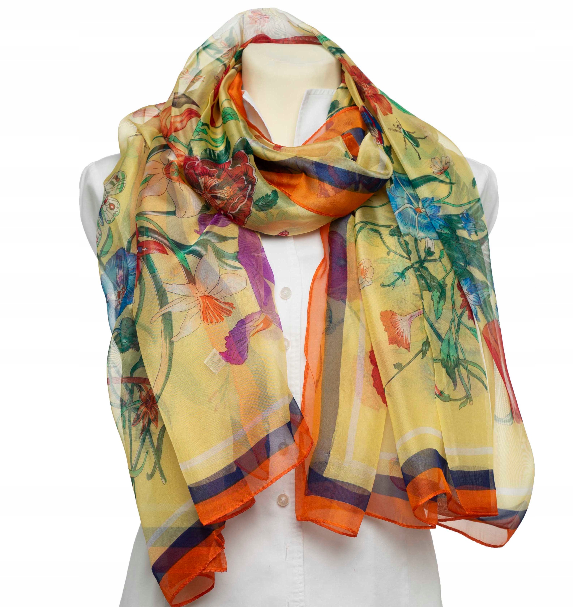 

Zwiewna duża apaszka wzór kwiatowy z jedwabiem